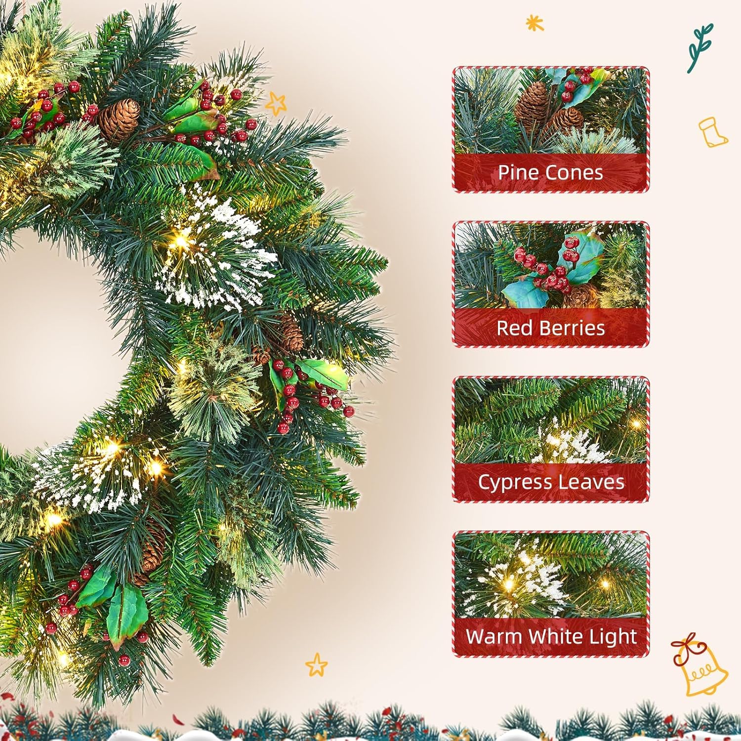 Christmas Garland with Lights&Christmas Wreaths for Front Door Set,Christmas Decoration with PineCones,Prelit Christmas Garland for Mantle,Christmas Wreath Outdoor for Windows Stairs,Battery Operated