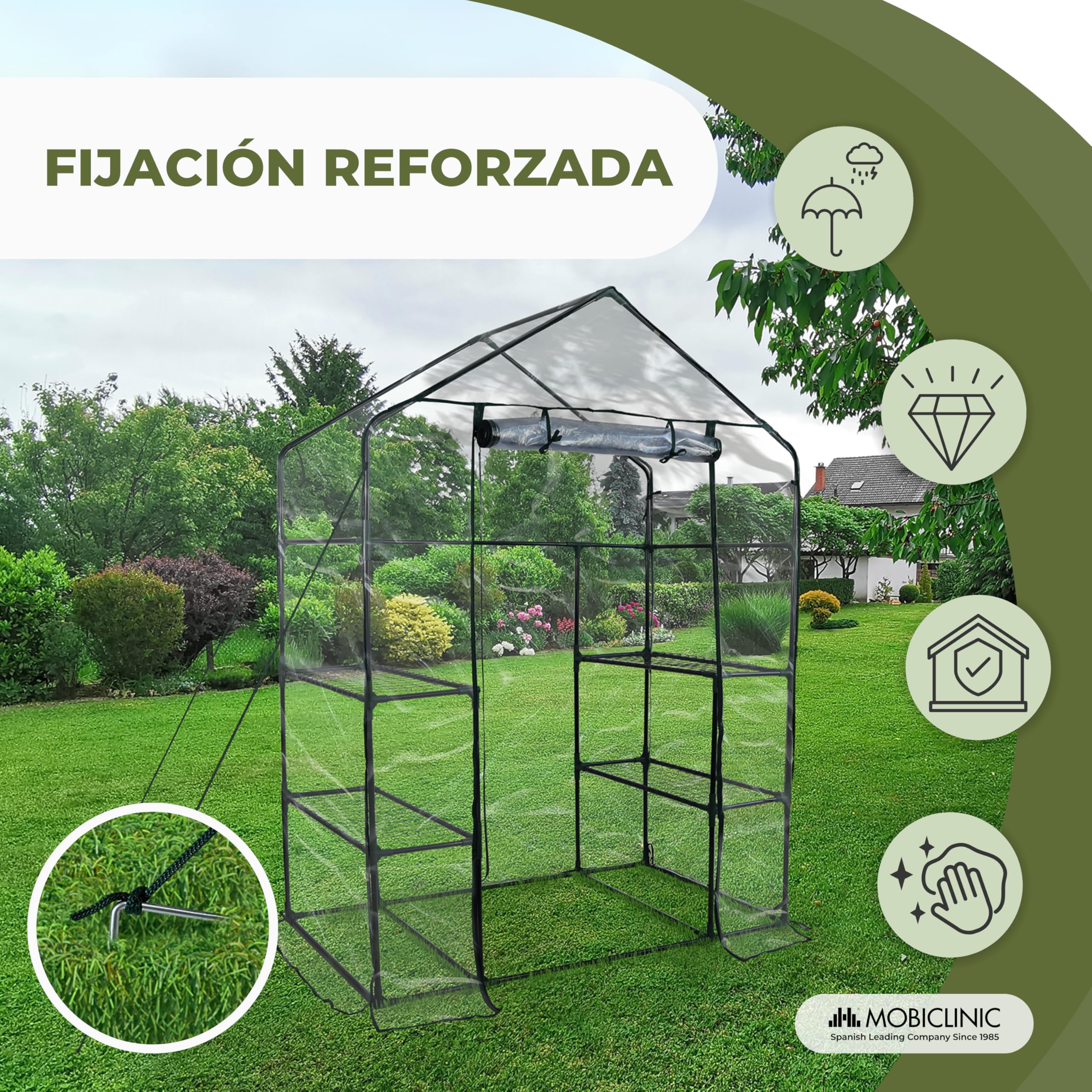 Mobiclinic®, Invernadero de Jardín, 143 x 73 x 195 cm, Cubierta de PVC y Puerta Enrollable, 4 Estantes, Impermeable, Home Grow, Vivero Casero, Fijación Segura, Ideal para Cultivo, Resistente