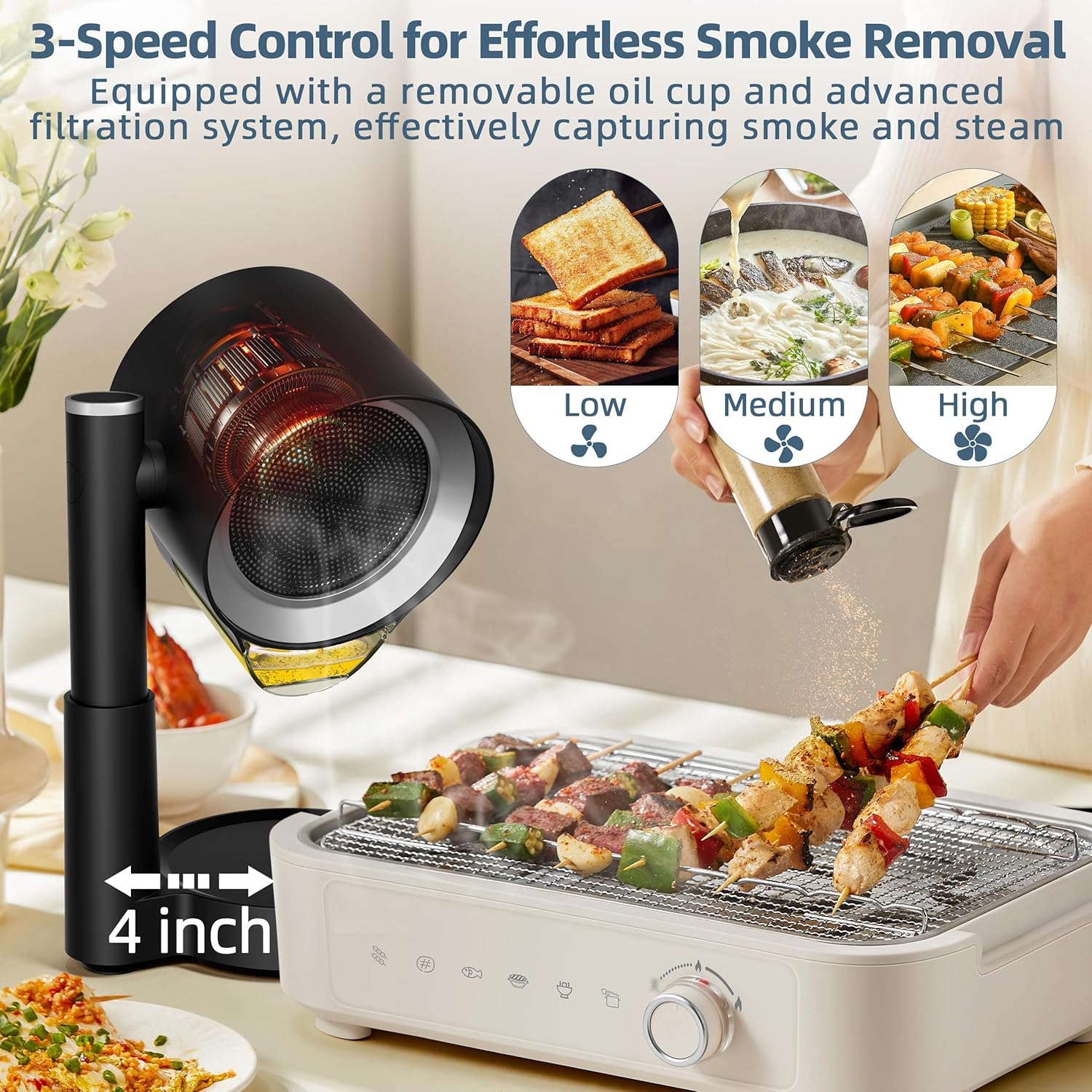 Portable Range Hood: Kitchen Countertop Cooking Exhaust Fan Quiet Smoke Removal - 3-Speed Suction Height & Angle Adjustable Design Dual-layer Filter- Plug-in for Apartments RV BBQ Hot Pot