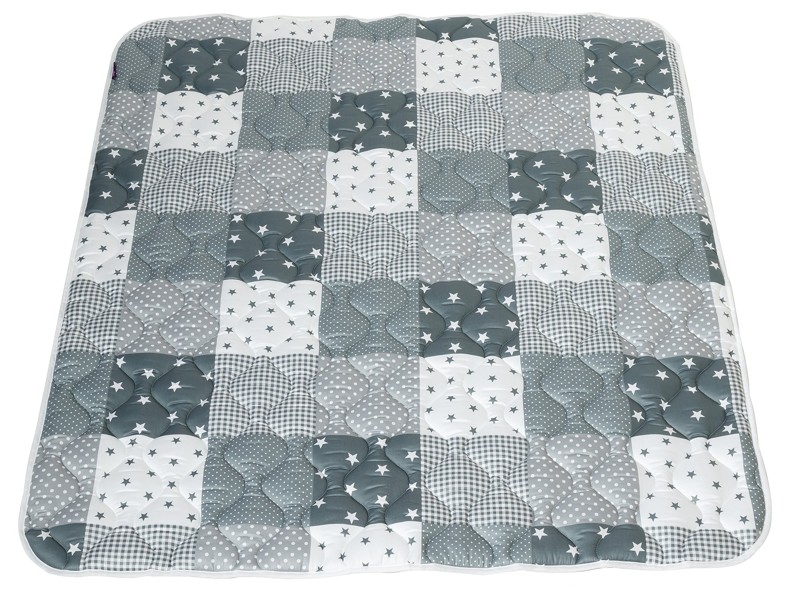 Krabbeldecke HLP: "Patchwork Sterne/Punkte" Fb. grau | rutsch- und wasserfest | Serie: High-Line Premium (HLP) | Artikel 10203 | ca. 130x200cm groß | 60°C waschbar
