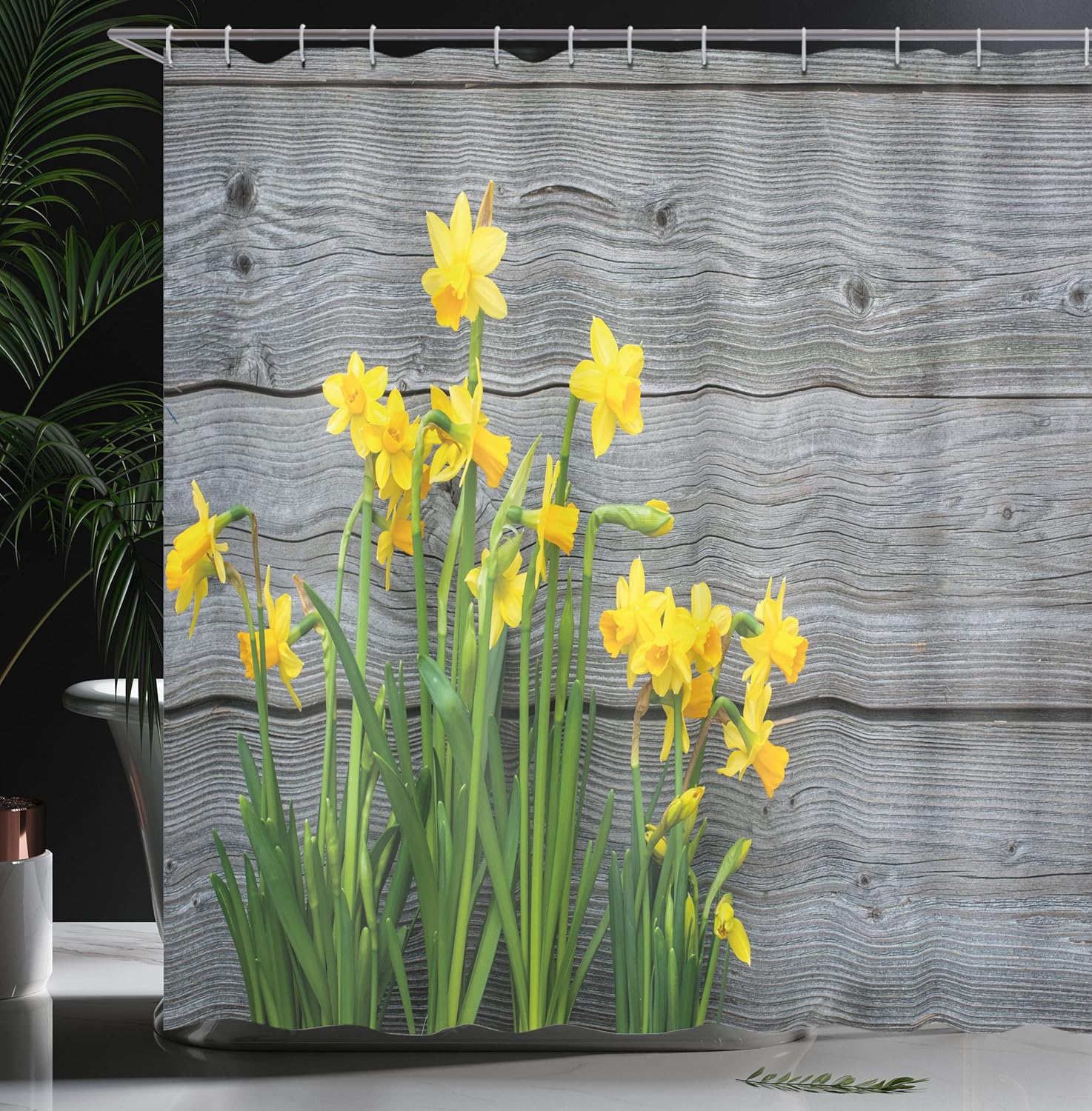 Ambesonne Yellow Flower Shower Curtain, Bouquet of Daffodils on Wood Planks Gardening Rustic Country Life Theme, Cloth Fabric Bathroom Decor Set with Hooks, 69" W x 70" L, Yellow Grey