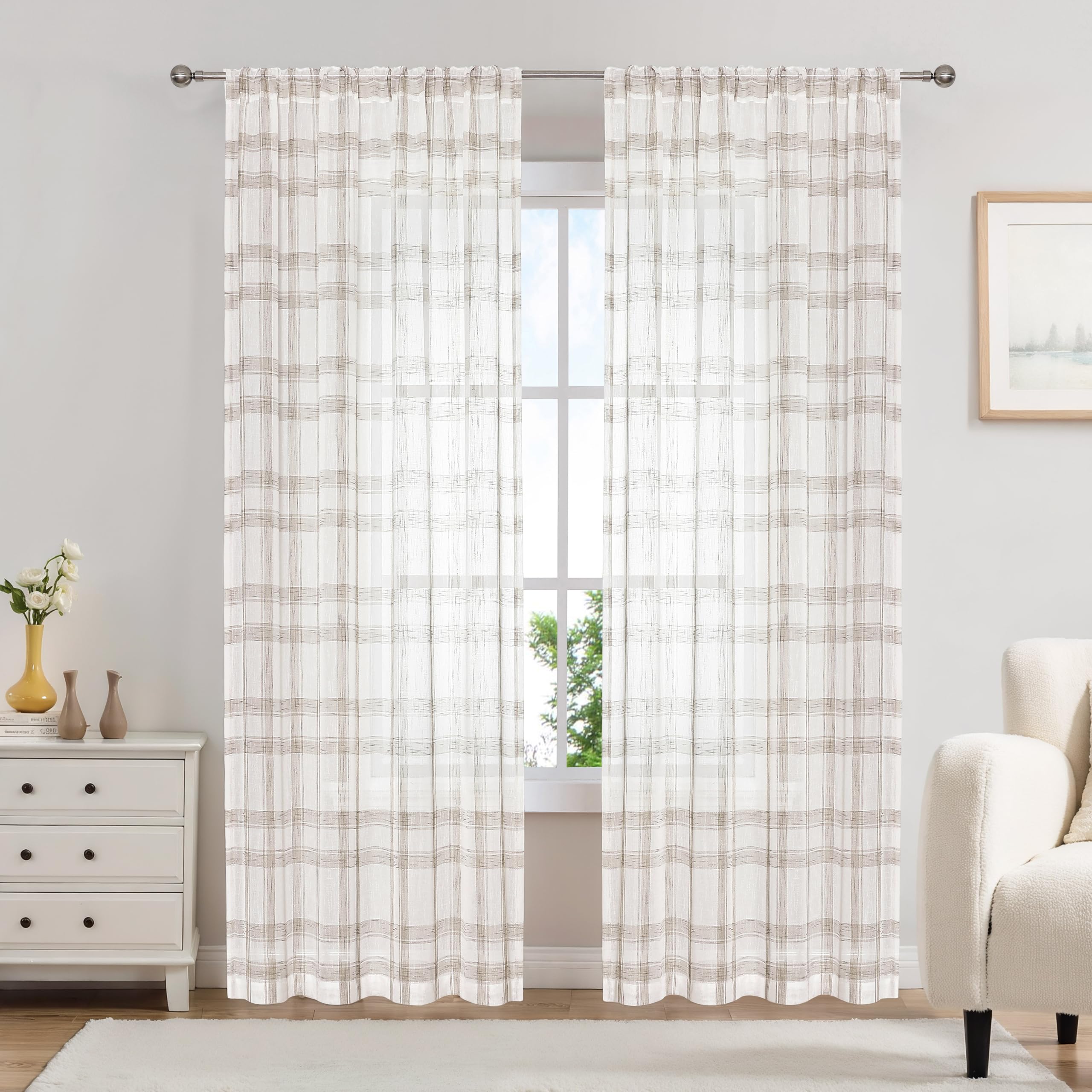 Randall Buffalo Plaid Semi Sheer Curtains for Living Room Linen-Look Geometric Light Filtering Dining Room Window Drape for Farmhouse Bedroom Study