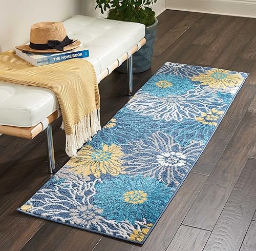 Nourison Passion - Alfombra color azul, floral, de 1 pie, 10 pulgadas x 6 pies, campestre, fácil de limpiar, no desprende pelo, para dormitorio,