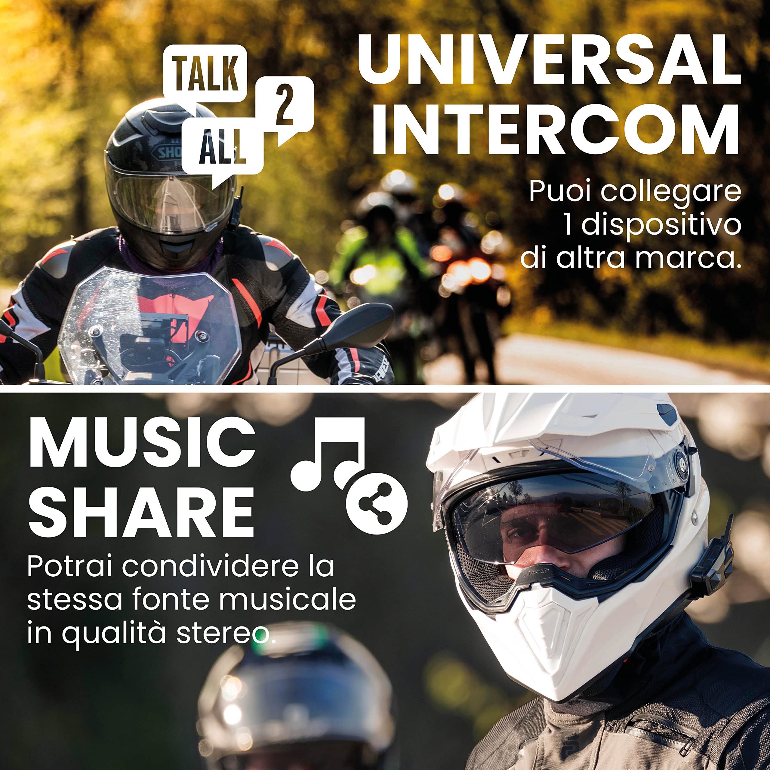 Midland Rush RCF Twin C1527.01, Interfono Moto Bluetooth e Mesh Doppio, Auricolari Casco Impermeabili IPX6, Cancellazione Rumore, Radio FM integrata e Web Radio Via App.
