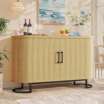 HUAHUU Sideboard Buffet Cabinet with Storage, 47" Fluted Tambour, Adjustable Shelves, Mid Century Modern Console for Living Room Kitchen Wood