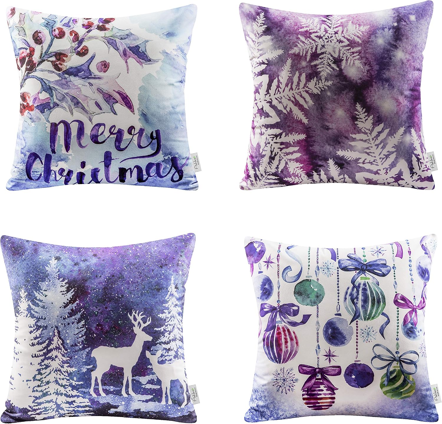 Ashler Christmas Throw Pillow Covers Winter Decorative 18 x 18 inches, Pack of 4, Pillowcases Printing Christmas Tree Reindeer Bell Series Cushion Covers