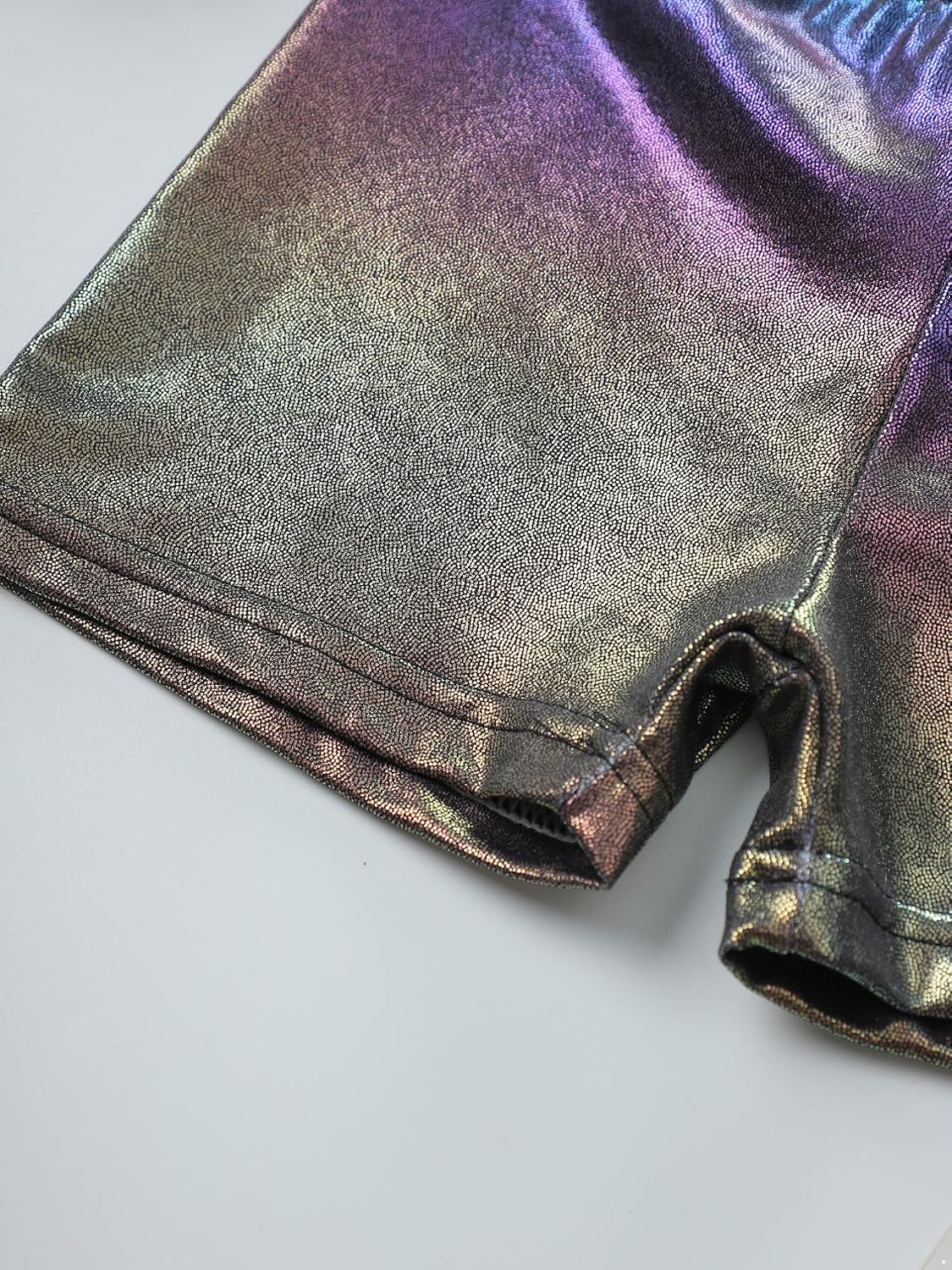TiaoBug Kids Girls Shiny Metallic Rave Booty Shorts High Waisted Bottoms for Gymnastics Sparkly Dance Shorts with Hair Tie