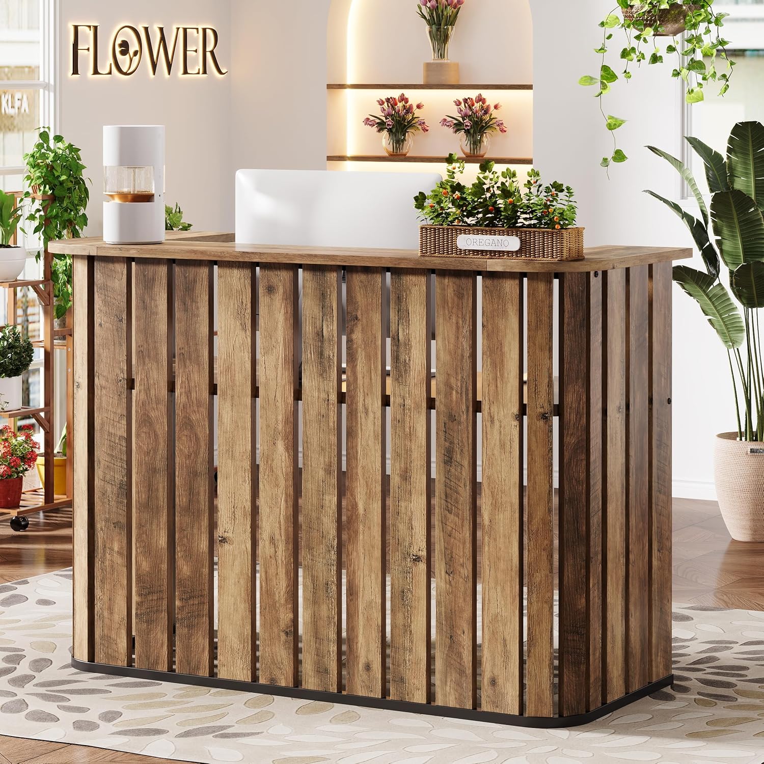Tribesigns 63-Inch Reception Desk with Counter, Modern U-Shaped Front Desk with Private Panel, Retail Checkout Counter Table for Lobby, Salon, Reception Room, Office, Rustic Brown
