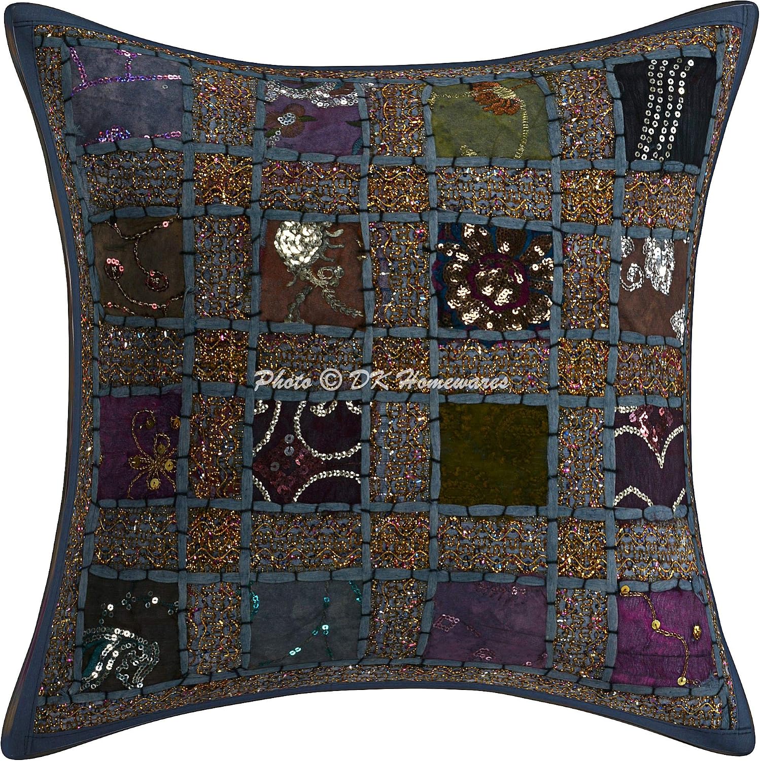 Ethnic Decorative Toss Throw Pillow Covers 16 Inch Cotton Patchwork Geometric Boho Square Accent Cushion Covers (Size - 40x40 cm ; Color: Grey) - Set of 4 Pcs (Cover Only)