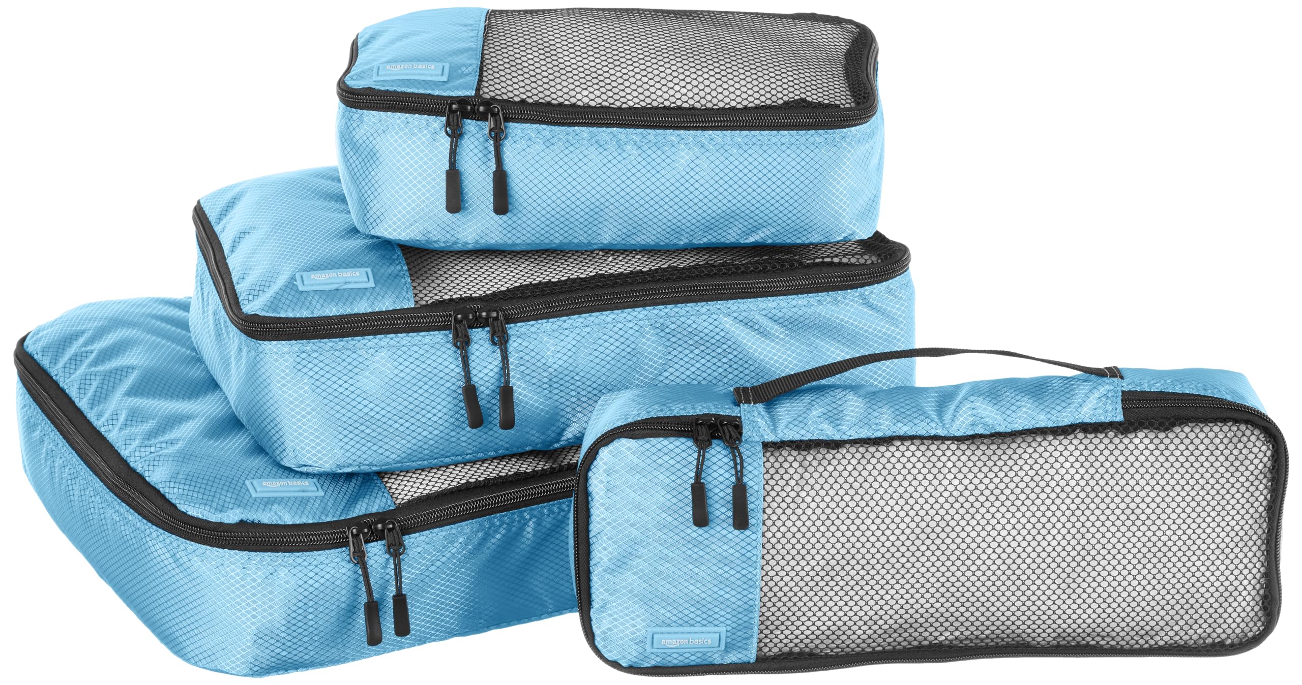 Amazon Basics Organizer da Viaggio Salvaspazio per Valigie, con Cerniera, Set da 4 Pezzi, Grande/Medio/Piccolo/Sottile, Blu Cielo