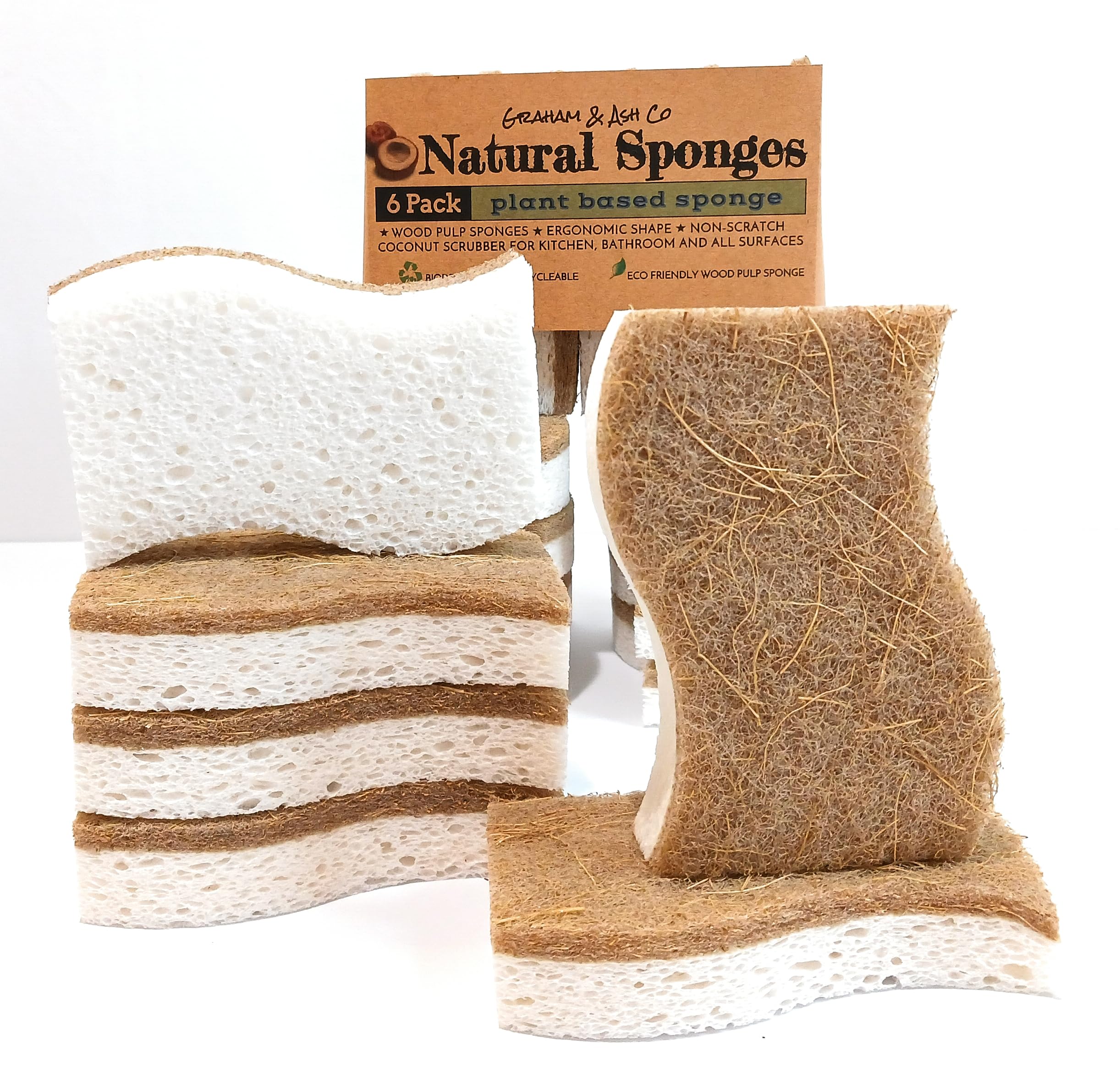 Graham & Ash Co 6 Pack Biodegradable Sponges - Sponges Kitchen Natural Sponges for Dishes Natural Sponge Dish Sponge - Eco Friendly Sponges Natural Kitchen Sponge (6)