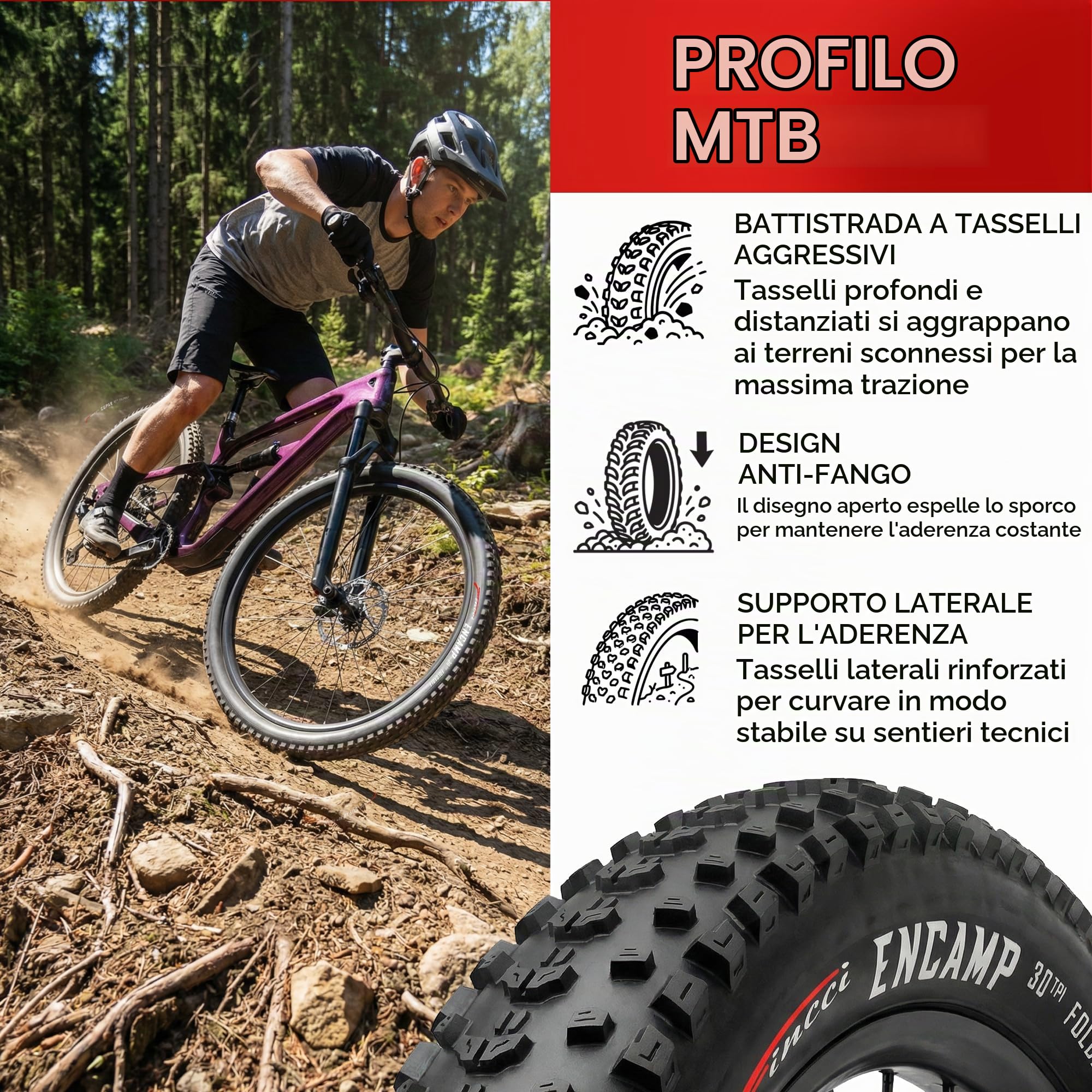 Fincci Copertone MTB 26x1.95 ETRTO 50-559 Pieghevole MTB per Fuoristrada | Pneumatico MTB Pieghevole 26x1.95, ETRTO 50-559 - Per Mountain Bike, Fuoristrada MTB, Bicicletta Ibrida e Uso Quotidiano