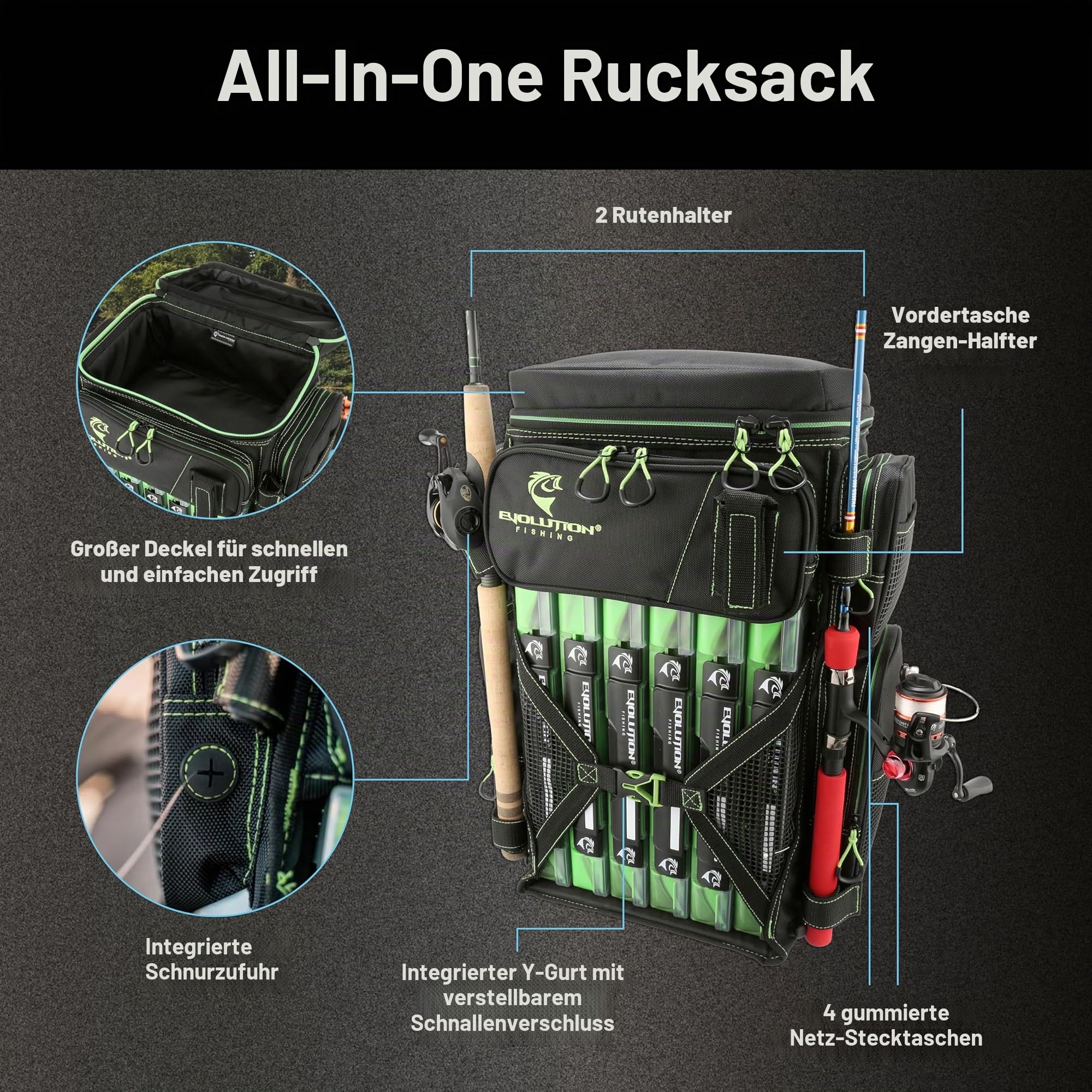 Evolution Fishing Drift-Serie 3700 Angelrucksack mit QuikLatch-System und 2 Rutenhaltern, robust, mit 6Tackle-Boxen, Grün