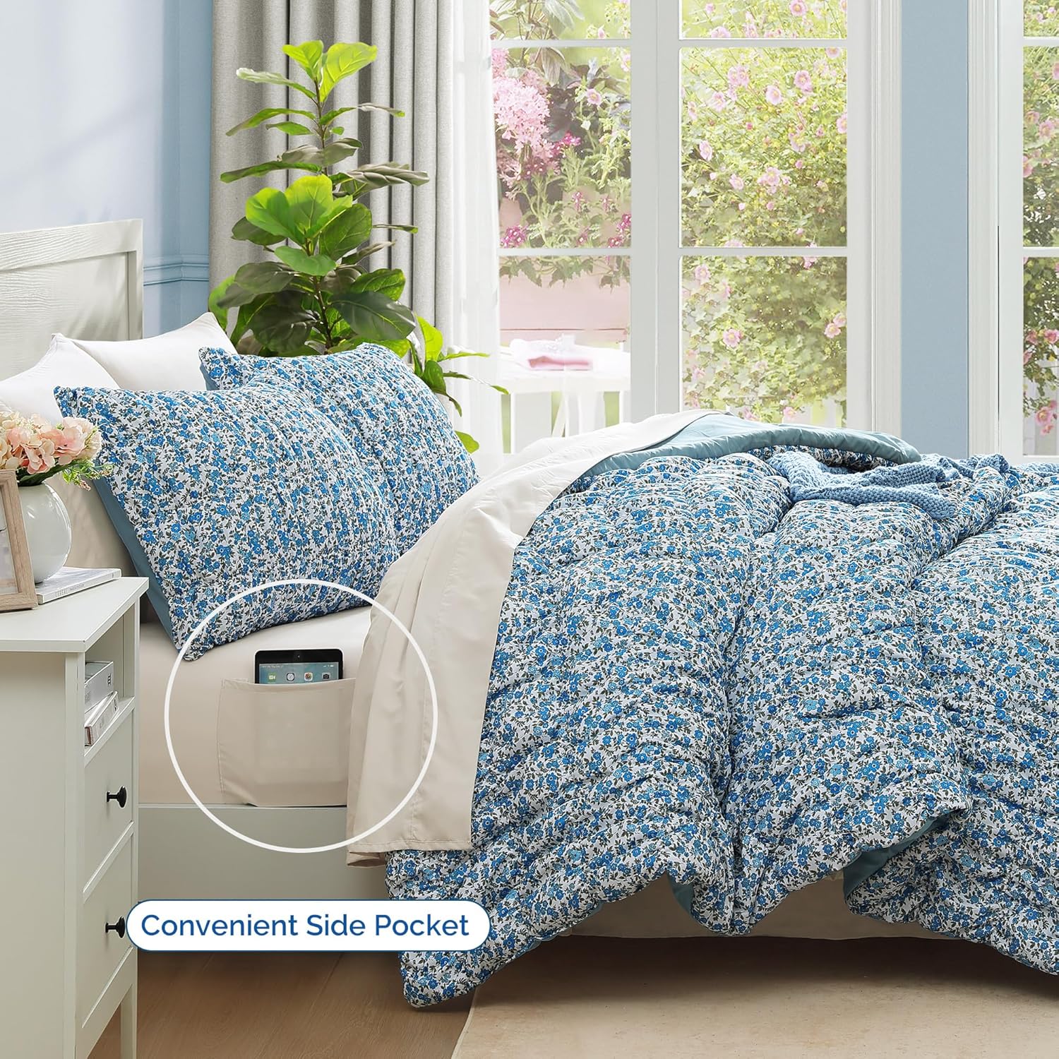 Queen Comforter Set - 7 Pieces Blue Classic Puff Floral Bedding Sets for All Seasons, Shabby Chic Farmhouse Bed in a Bag Queen with Wildflowers Fluffy Comforter, Sheets, Pillowcases & Shams - Image 3