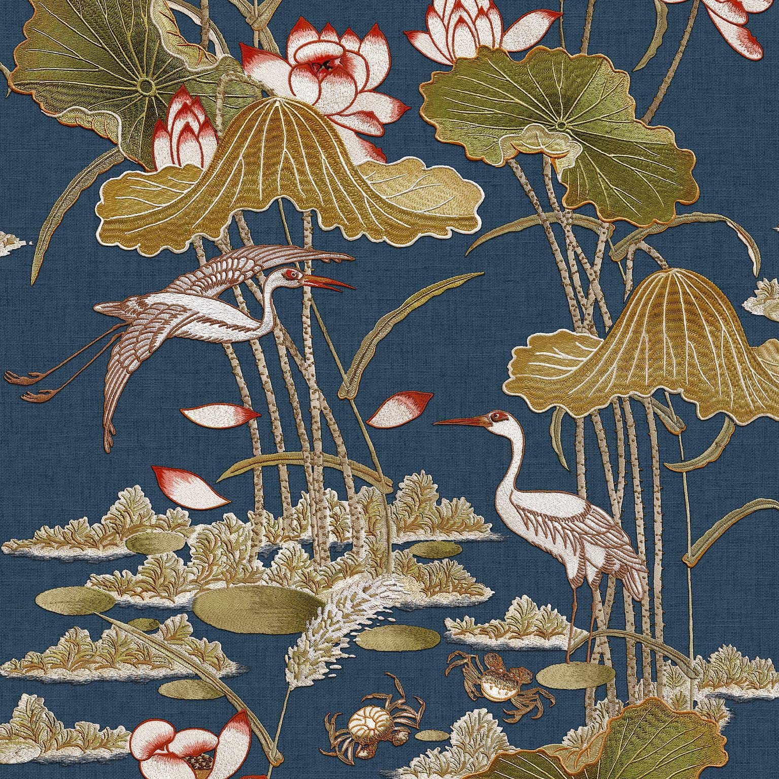 Yöl Navy Lotus Pond Wallpaper - Floral Crane Bird Lily Pads Crabs Silk Textured Paste The Wall Modern Non-Woven Vinyl