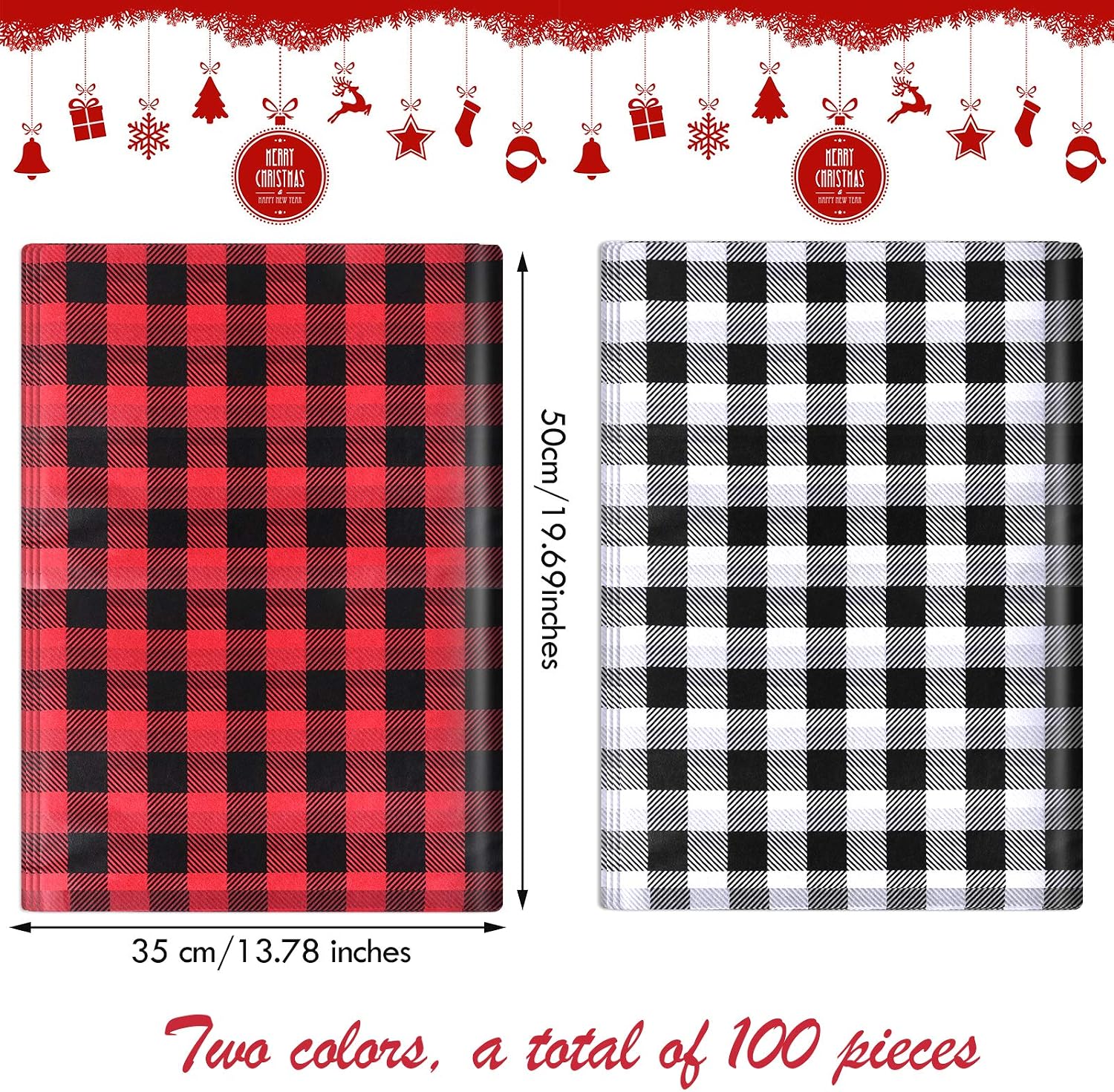 Zonon 100 Pieces Christmas Tissue Paper Buffalo Plaid Check Wrapping Paper Red Black Plaid Wrapping Sheet Black White Holiday Tissue for DIY Christmas Holiday