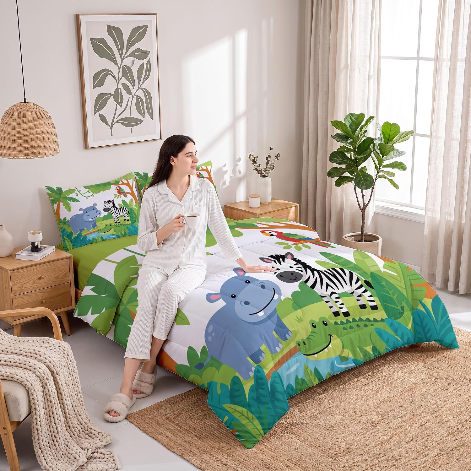 Cute Cartoon Comforter Set Twin Size, Hippopotamus Zebra Giraffe Print Breathable Bedding Set for Girls Boys Teens, Lake Green Quilt Duvet with 2 Pillow Cases