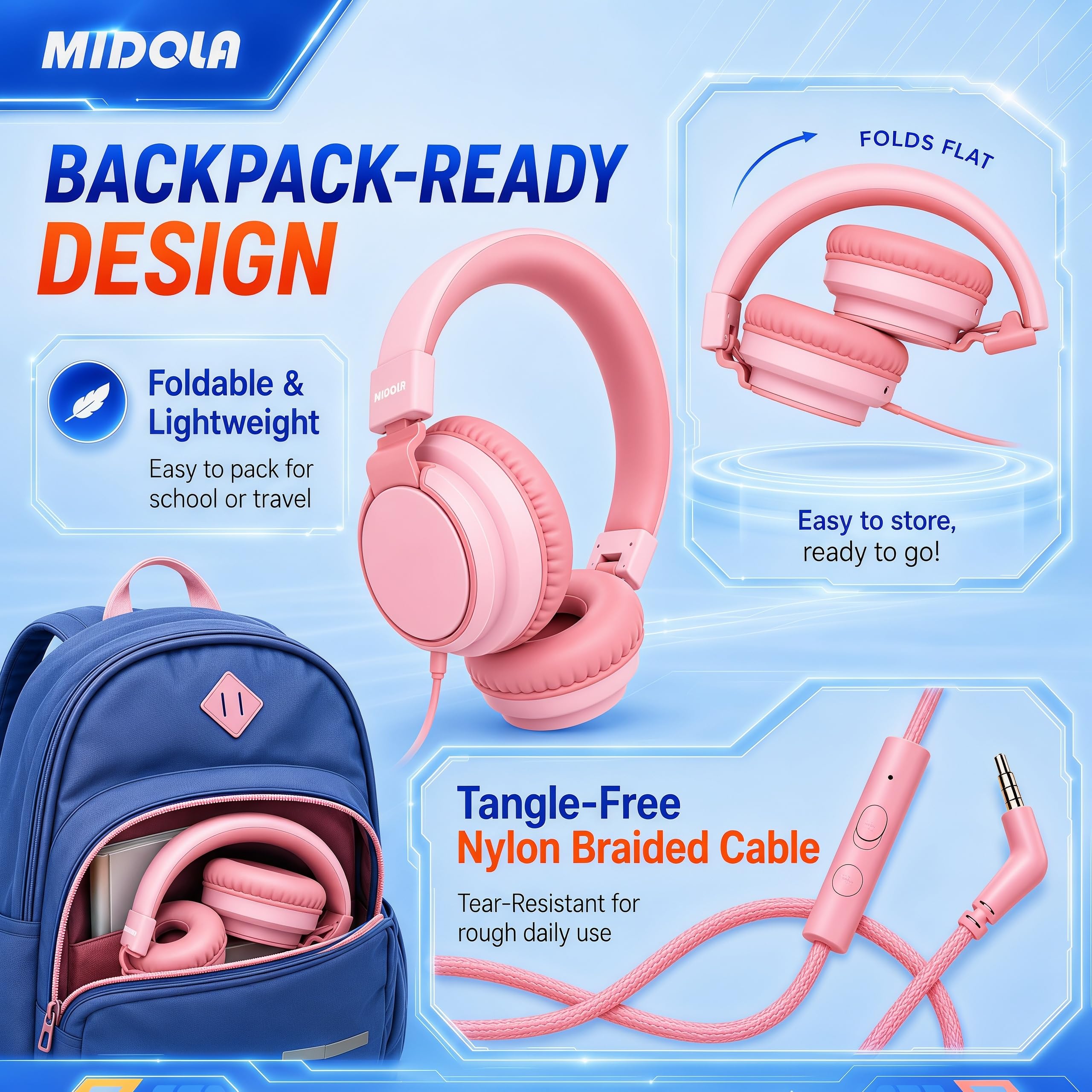 MIDOLA Kinderkopfhörer, kabelgebunden, Lautstärkebegrenzung 85/96 dB, Over-Ear/On-Ear, faltbares Headset mit Inline-Kabel, AUX-3,5-mm-Kabelmikrofon für Kinder, Jungen und Mädchen, Rosa