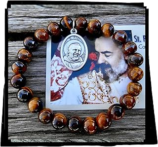 Saint Padre Pio Stretch Bracelet, 8mm Tiger Eye, Confirmation Bracelet, Cancer Support, Illness Recovery, Patron Saint, St Pio Bracelet, Size (Medium ~ 7.0 Inch Wrists)