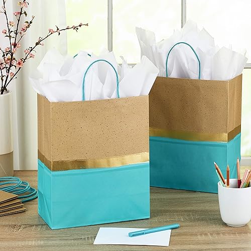 Miniatura 2 de Hallmark Bolsas de regalo de papel grandes de 13 pulgadas (paquete de 6, turquesa y kraft) para cumpleaños, Pascua, bodas, día de la madre, baby