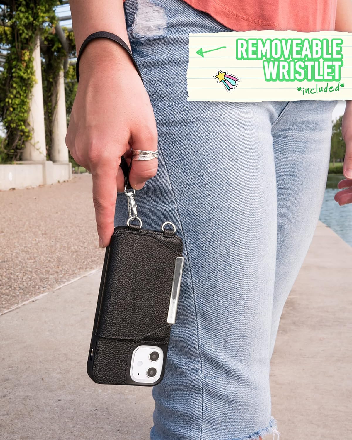 Smartish iPhone 12 mini Crossbody Case for Women - Dancing Queen [Purse/Clutch with Detachable Strap & Card Holder] - Stiletto Black-Silver