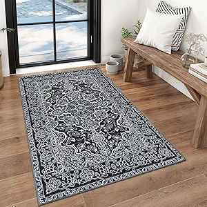 KUTA Vintage Floral Area Rug 3x5 ft, Washable Non-Slip Soft Kitchen Rugs, Low-Pile Entry Throw Carpet for Living Room, Bedroom, Nursery Black