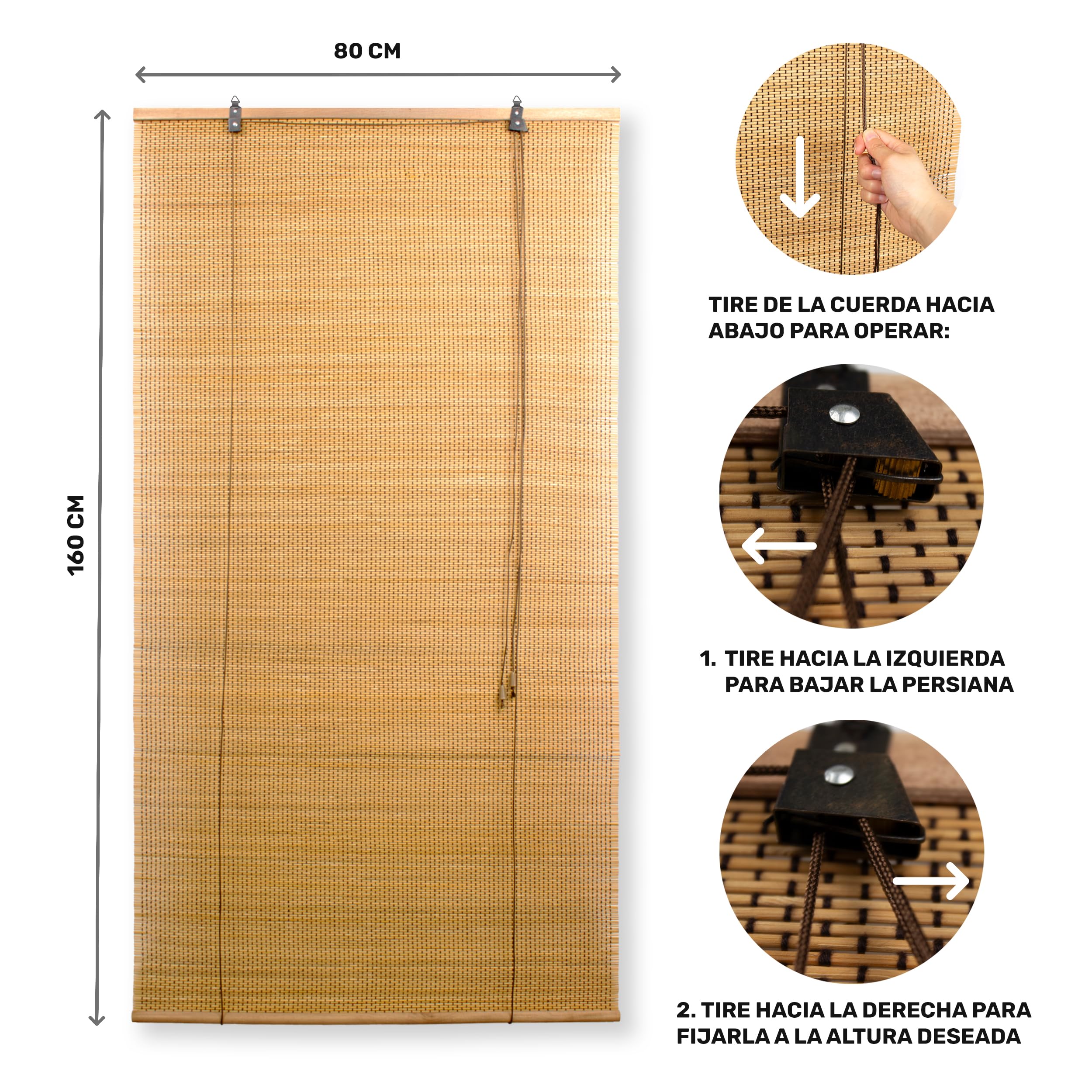 BESCH Persiana Enrollable de Bambú Natural 150x200 cm Estor Rústico Ajustable con Cuerda Cortina para Ventana Protección Luz Privacidad Fácil Instalación Interior Exterior
