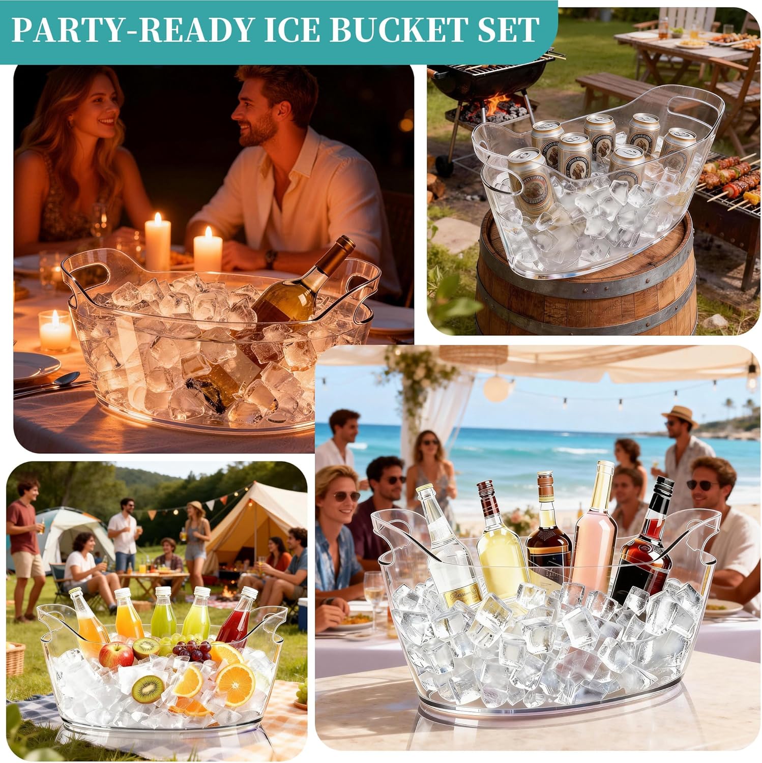 6.5L Large Ice Bucket for Parties, 2PCS Clear Acrylic Drink Buckets with Scoop & Metal Wine Bottle Opener, Champagne Bucket Tub for Wine, Beer, Cocktail Bar & Mimosa Bar Supplies Cooler