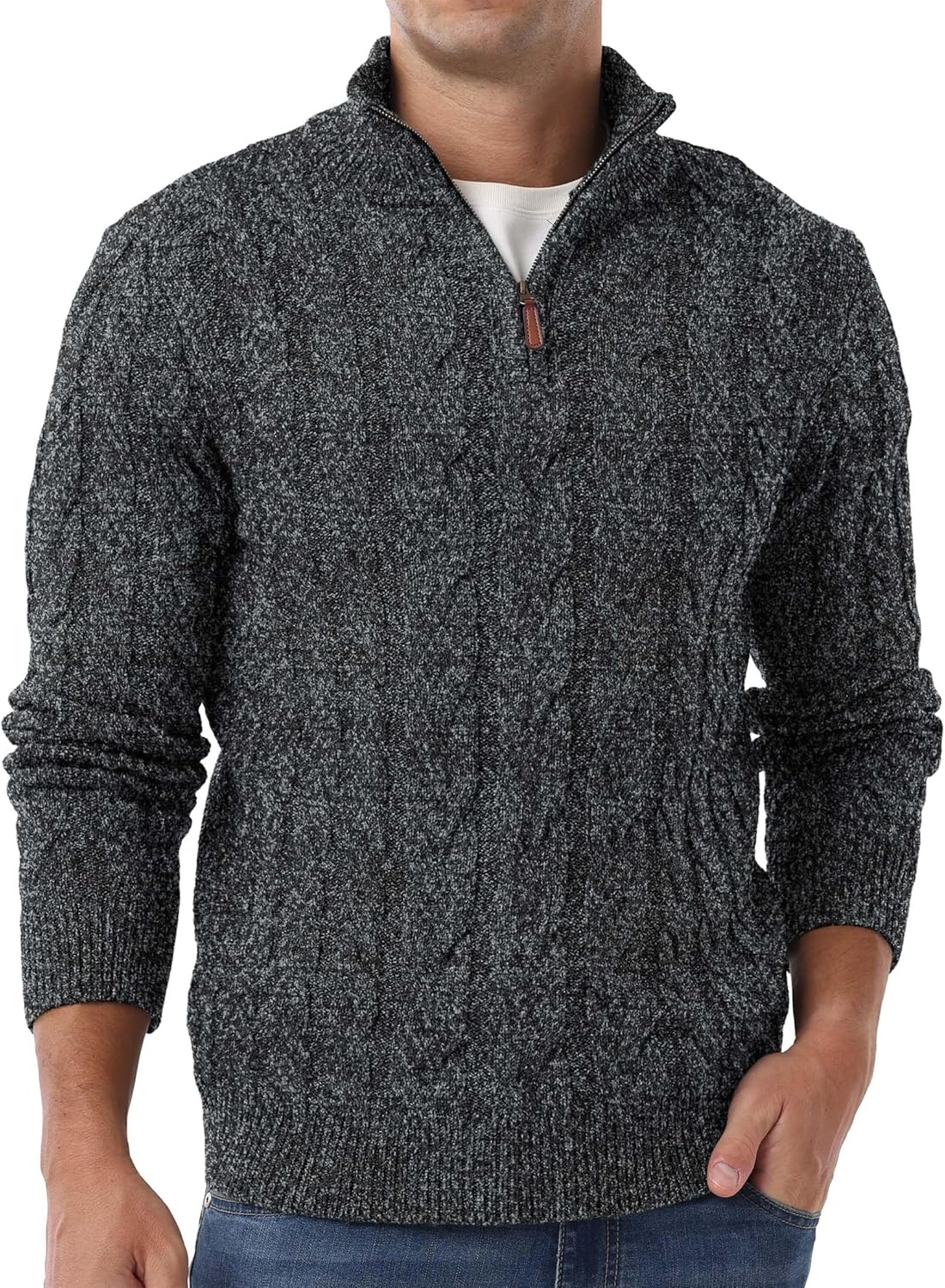 Askdeer Men's Quarter Zip Sweater Cable Knit Mock Neck Pullover Sweaters Classic Casual Polo Sweater - Image 4