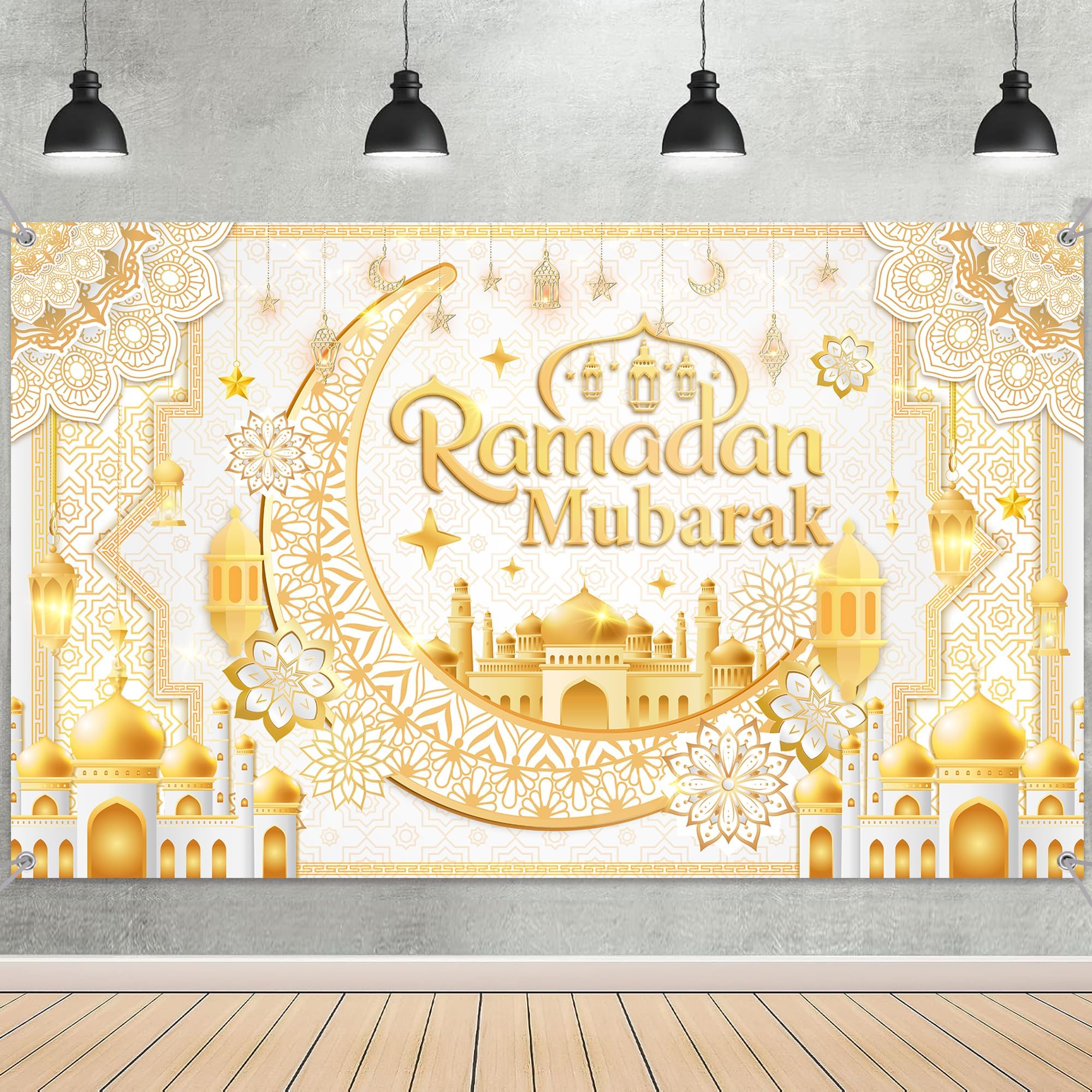 Ramadan Mubarak Decorations Backdrop Banner - Eid Mubarak Wall Decor Background with Crescent Moon Mosque Pattern, Ramadan Party Decoration Photo Booth Supplies (White Gold)