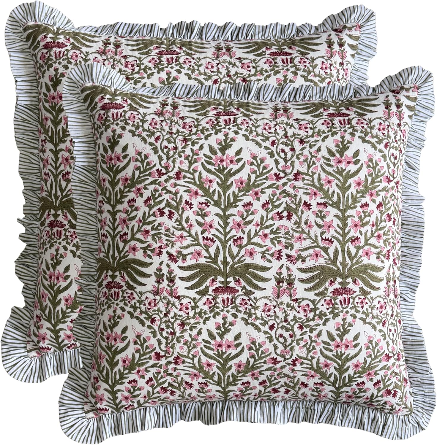 ATOSII Hand Block Printed 100% Cotton Ruffle Throw Pillow Covers, SET OF 2, Decorative Cushion Covers for Sofa, Couch, Bed, Living Room, Bedroom Home Decor for Spring Summer, 18 X 18 Inch, Nargis Pink