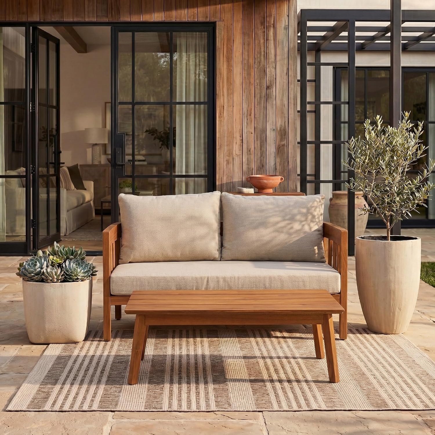 SAFAVIEH Outdoor Collection Owen Natural Brown/Taupe Cushion Solid Wood Bench & Table Set