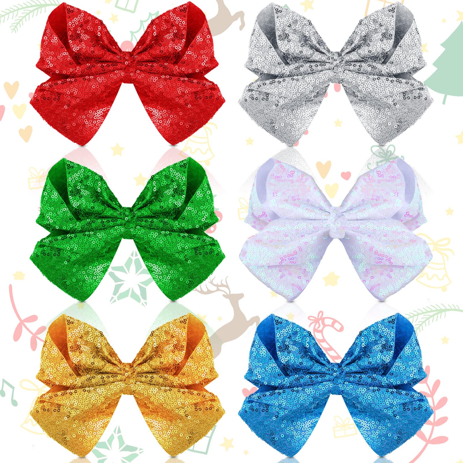 Hotop 6 Pcs Christmas Hair Bows 8 Inches Large Bling Sparkly Glitter Sequins Ribbon Bowknot Hairpins Christmas Hair Clips Hair Barrettes Accessories for Girls Women Party Gifts