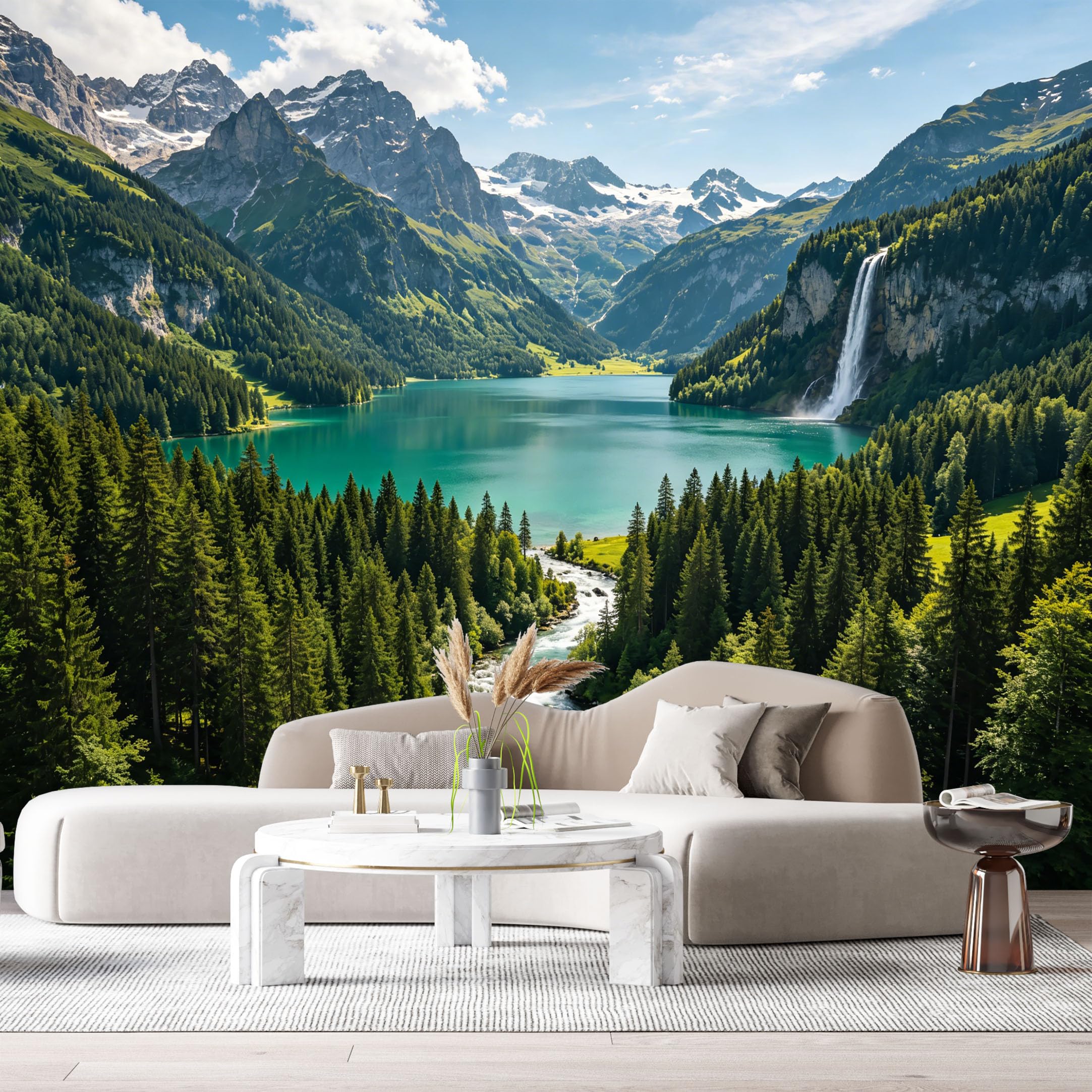 Custom Size Wall Murals Mountain Lake Landscape Waterfall Pine Forest SelfAdhesive Wall Fabric Removable Large Wallpaper for Photo Living Room Decor Home Wall Art Mural
