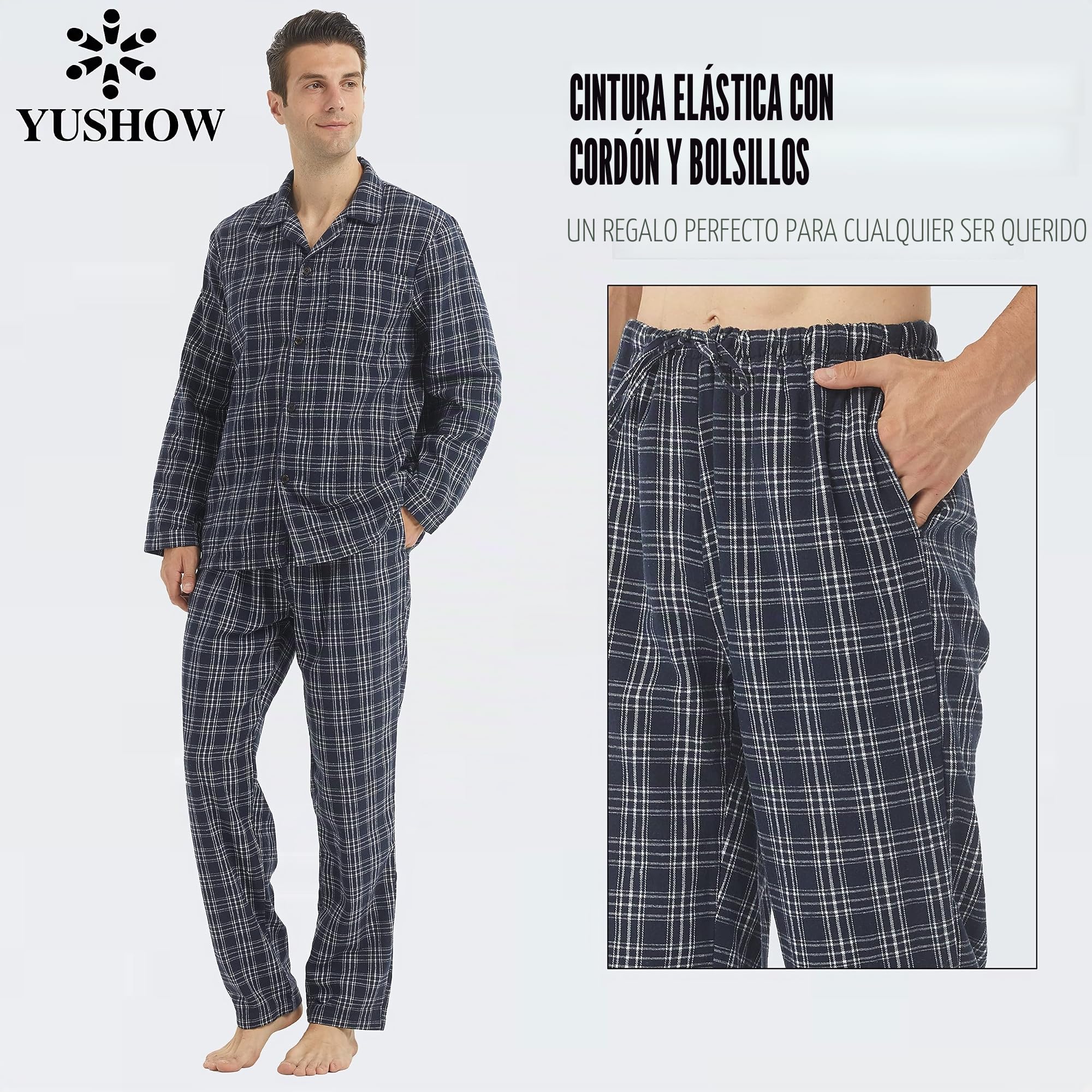 YUSHOW Pijama Hombre Invierno Algodón Franela a Cuadros Manga Larga Pantalón con Bolsillos Conjunto de Pijama Cómodo Ropa de Dormir de Dos Piezas
