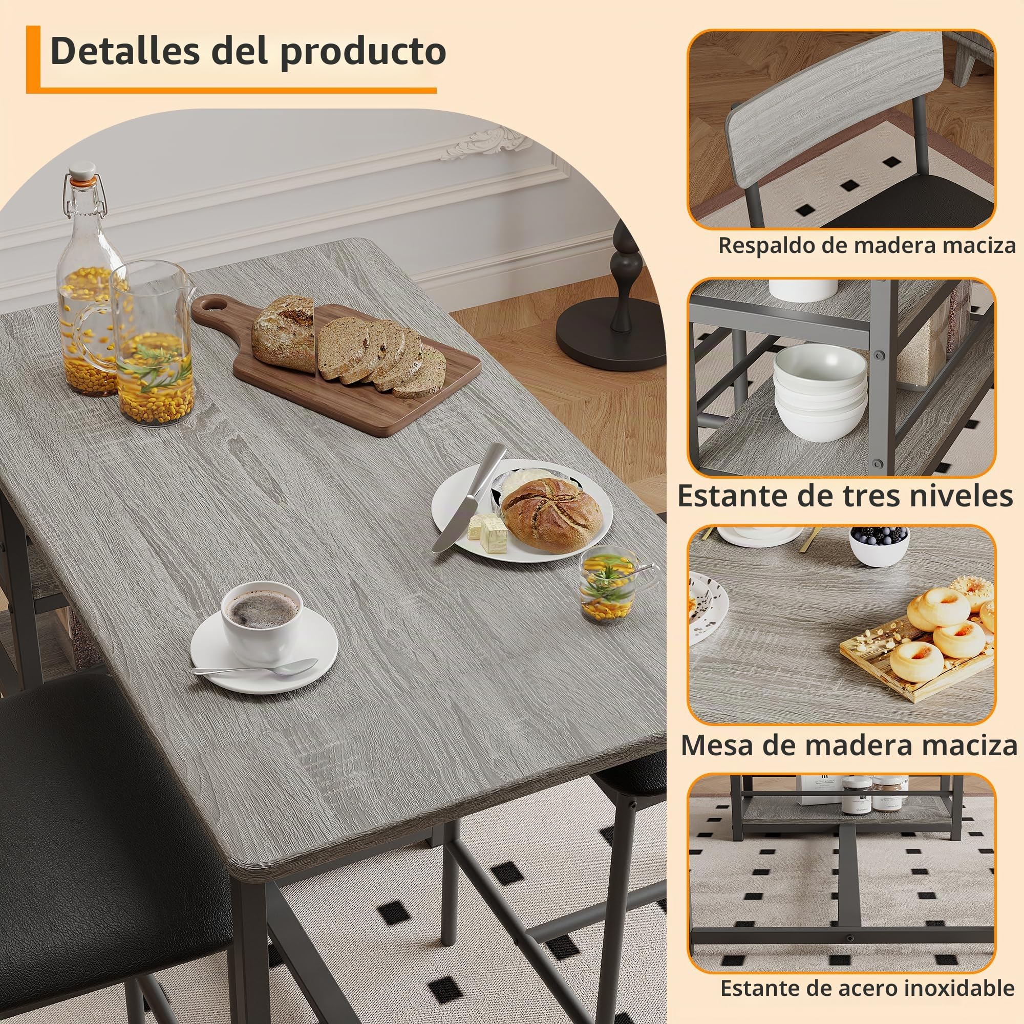 Zstar Juego De Mesa De Comedor para 2, Sillas Tapizadas, Juego De Mesa De Bar De 3 Piezas con Estante de Almacenamiento de 3 Niveles， para Espacios Pequeños, Apartamentos y Estudios, Gris