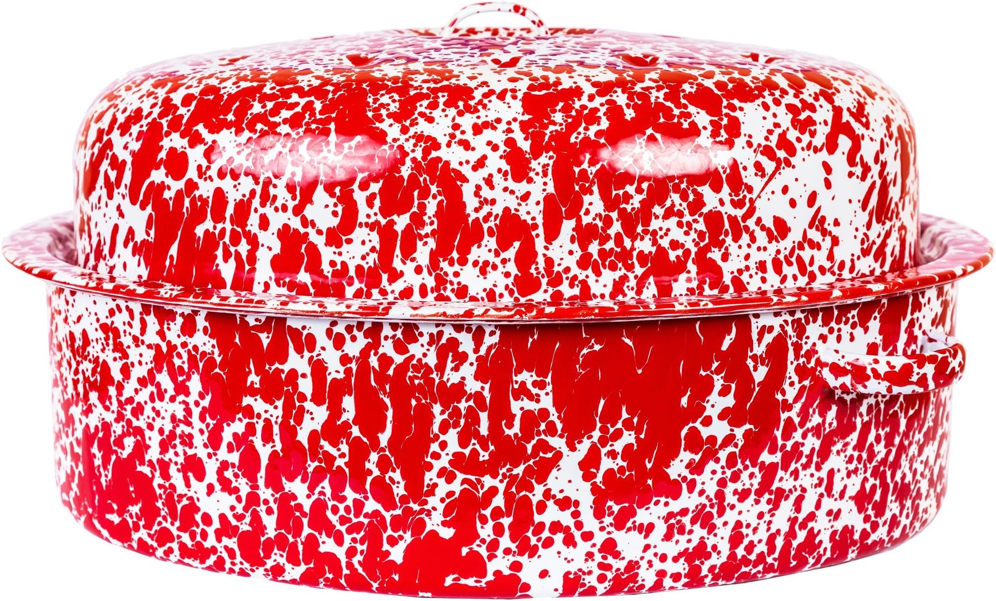 Enamelware Large Oval Turkey Roaster, Red/White Splatter