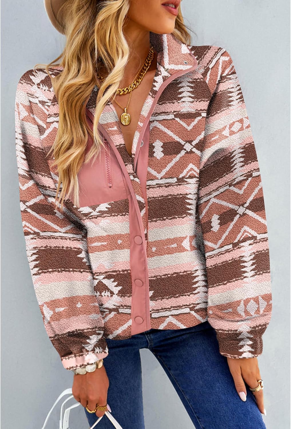 SELINK Womens Fleece Jacket Western Aztec Print Long Sleeve Snap Button Down Shacket Jackets with Pockets - Image 3