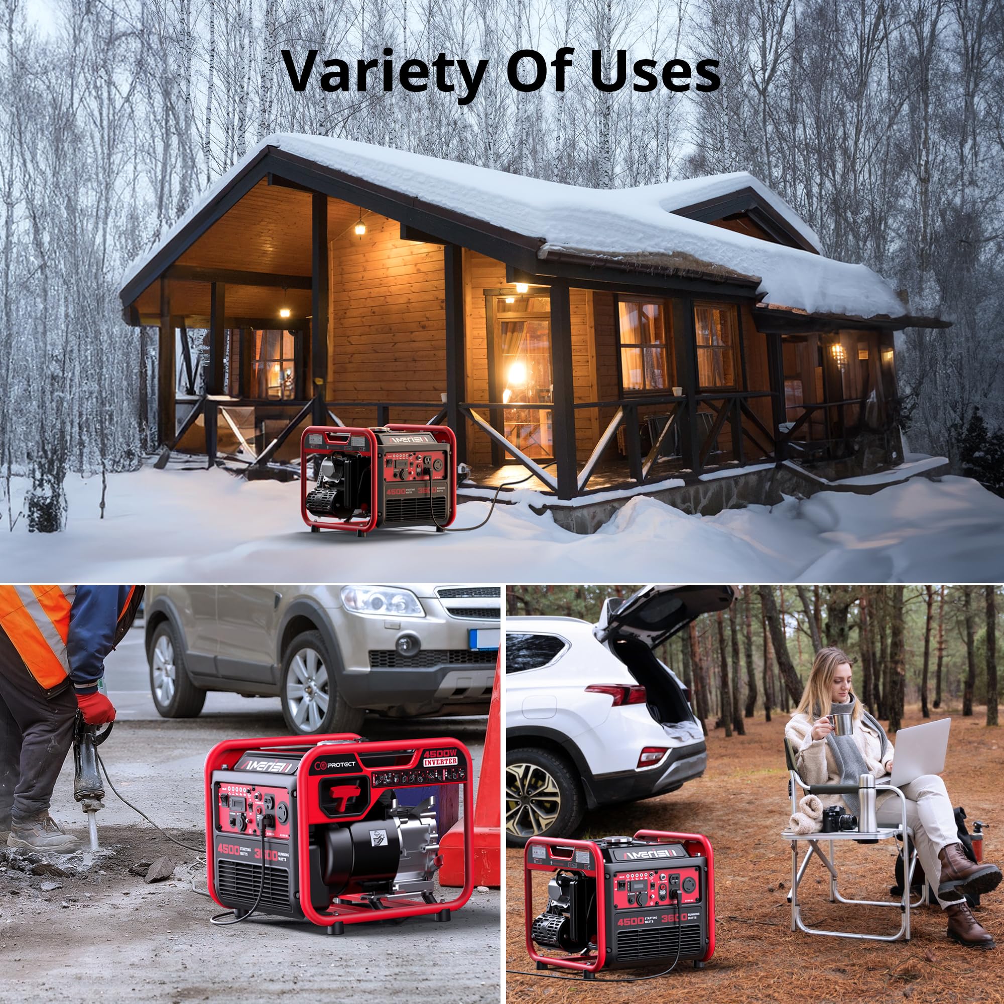 AMERISUN Generatore Inverter da 4500 W, motore a gas portatile, 223 cc, motore a 4 tempi, silenzioso, modalità Eco, sensore CO, funzionamento parallelo, uscita RV 120 V, 30 A, casa e casa