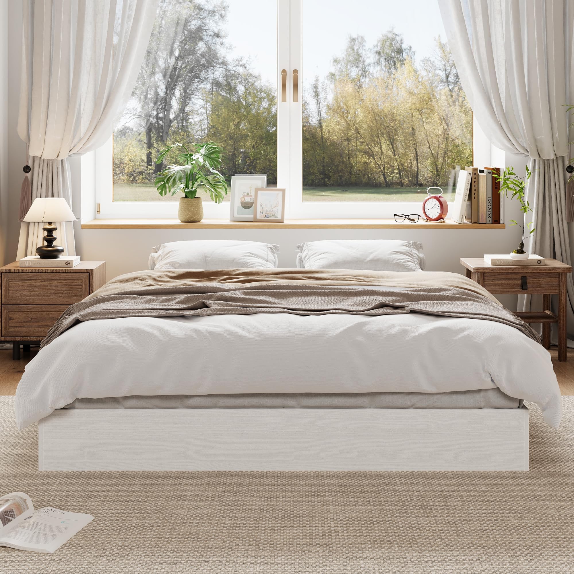 Garvee Full Size Wood Platform Bed Frame, Floor-Standing No-Gap Design, Modern Minimalist No Headboard Bed Frame, Wood Slat Support, No Box Spring Needed, Easy Assembly, White