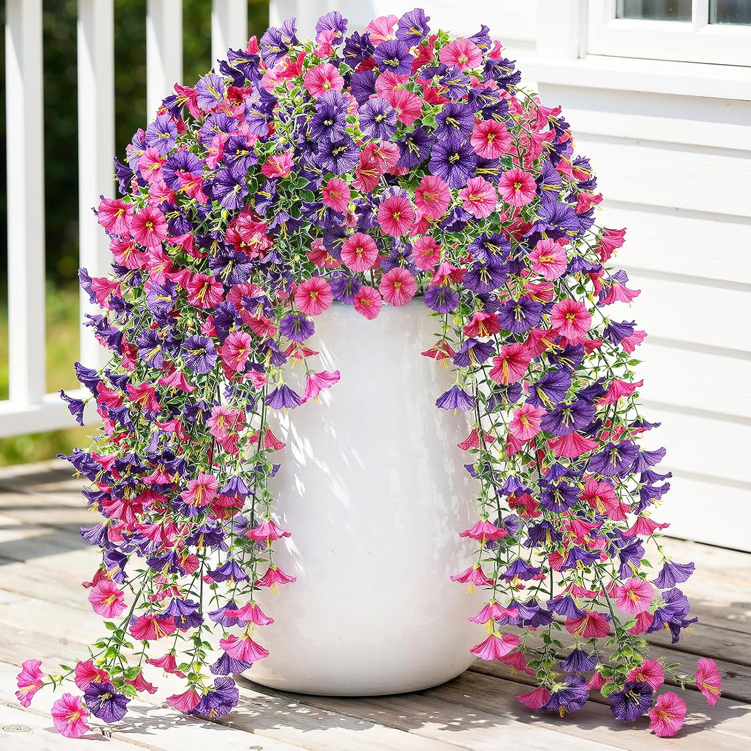 Lewondr Artificial Fake Hanging Flowers Plants for Outdoor Summer Decoration, 2 PCS Faux Silk Red Purple Morning Glories, 29.5'' UV Resistant Realistic for Outside Planter Porch Patio Balcony Decor