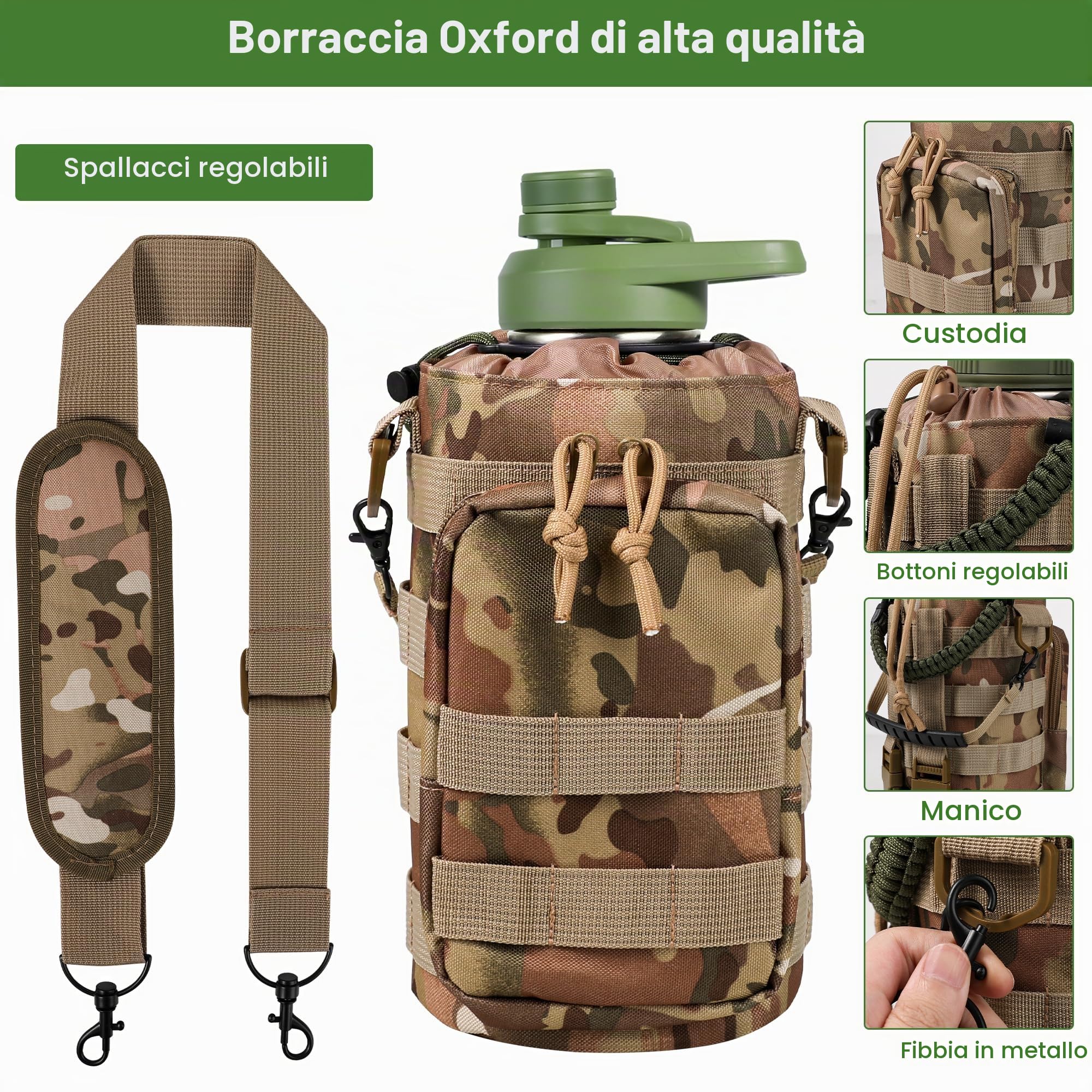Borraccia Termica in Acciaio Inox, 2,2 Litri Portatile Borraccia, Borsa Portatile in Tessuto Oxford e Bottiglia Termica Senza Perdite per Sport, Campeggio, Palestra, Sala da Pranzo