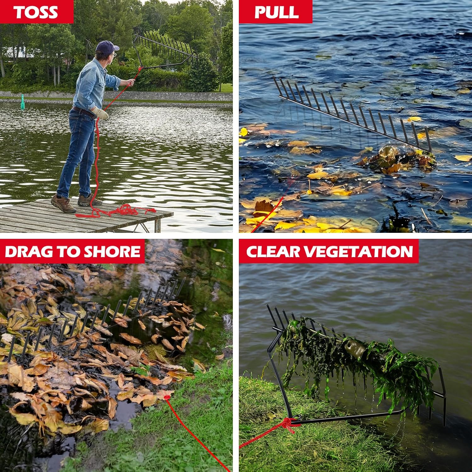 24" No Assembly Heavy Duty Steel Pond & Lake Rake – Lake Weed Cutter with 30ft Thickened Rope & Net, Aquatic Weed Rake for Reed/Lily/Cattail Removal Cutting Tool