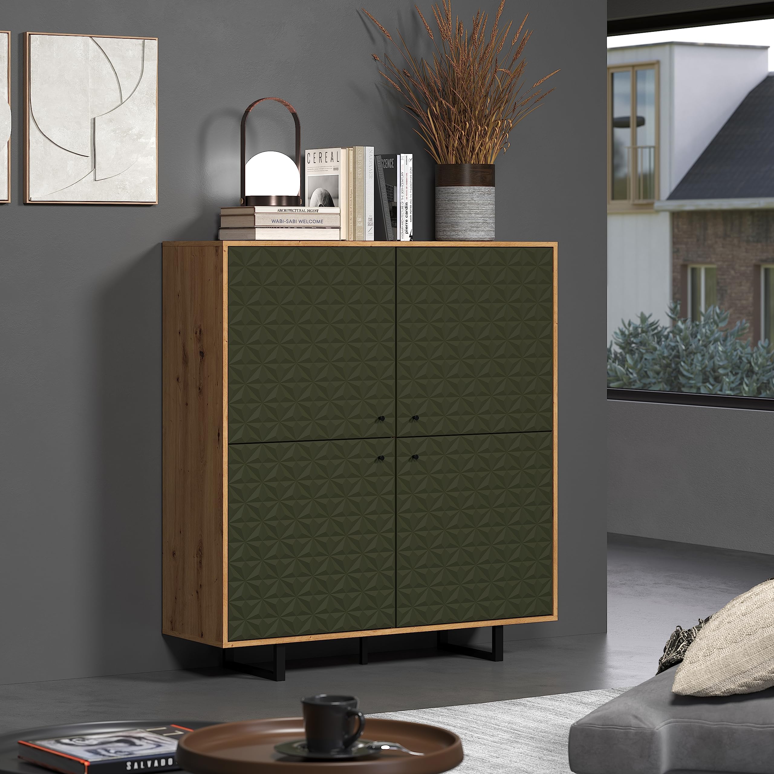 trendteam smart living - Sentra - Highboard - Dunkelgrün/Artisan Eiche - Wohnzimmerschrank mit gefrästen Türen - (BxHxT) 124 x 136 x 40 cm - Metallfüße - kratzfest