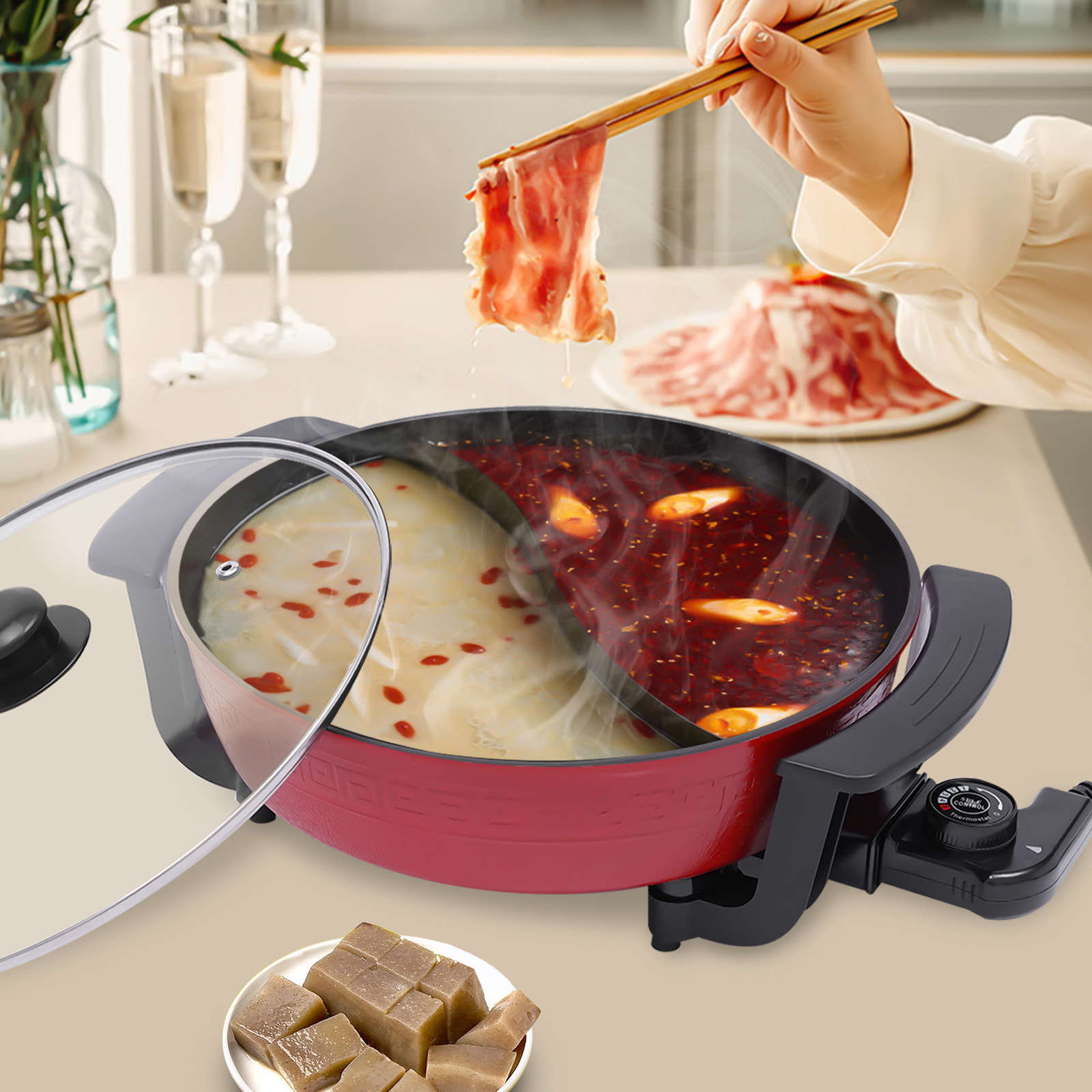 Fondue Chinoise , Double Interrupteur de Commande Feu à Trois Vitesses Multi-Fonctions Appareil Fondue Chinoise Individuelle , Convient Aux FêTes D'Anniversaire (avec 2 Filets Non éTanches) ,7.5L