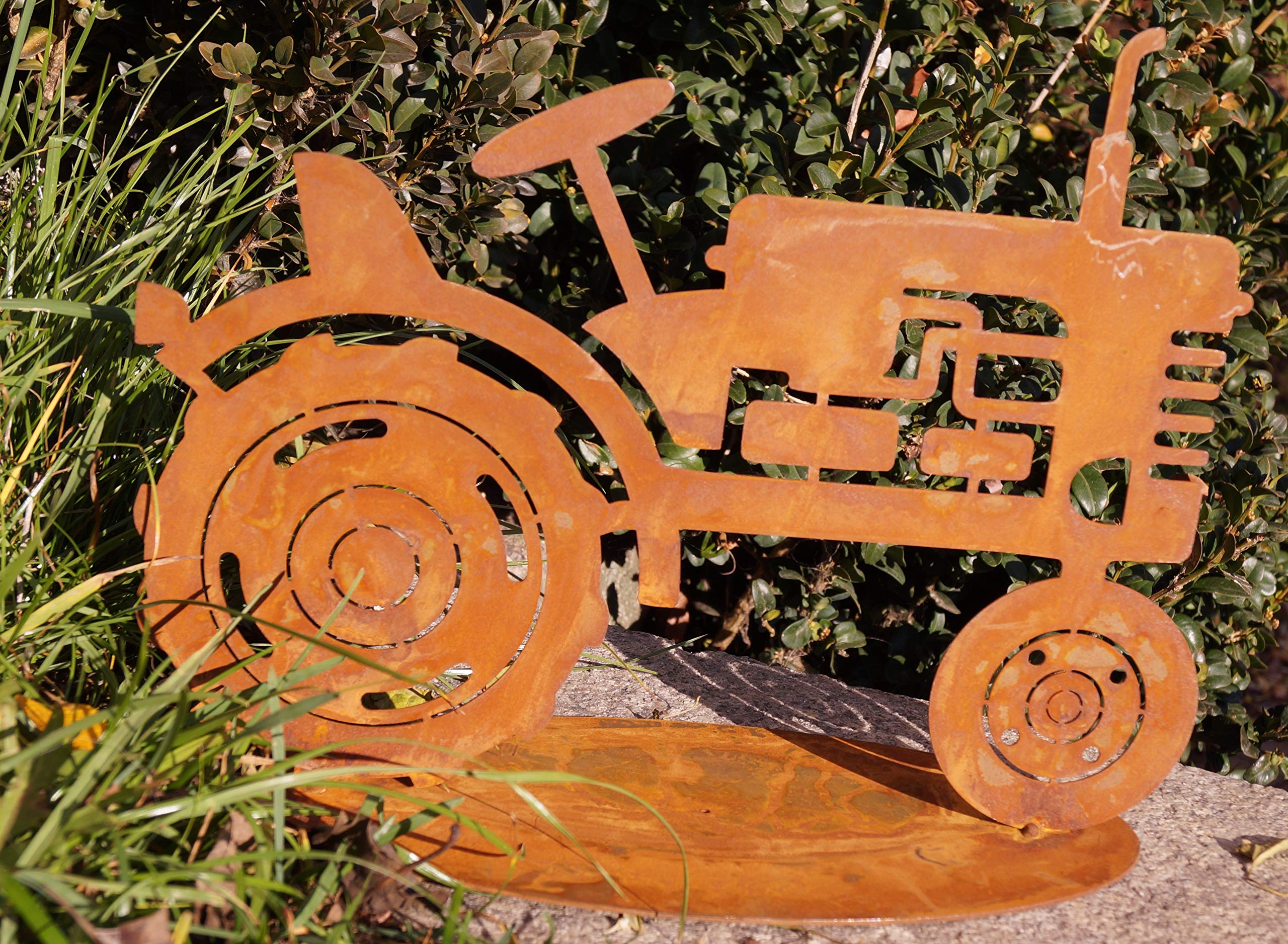 Trecker Su Asta - Sagoma Decorativa Da Giardino In Metallo Arrugginito, Trattore Ruggine 30x40 Cm Per Esterno - 3