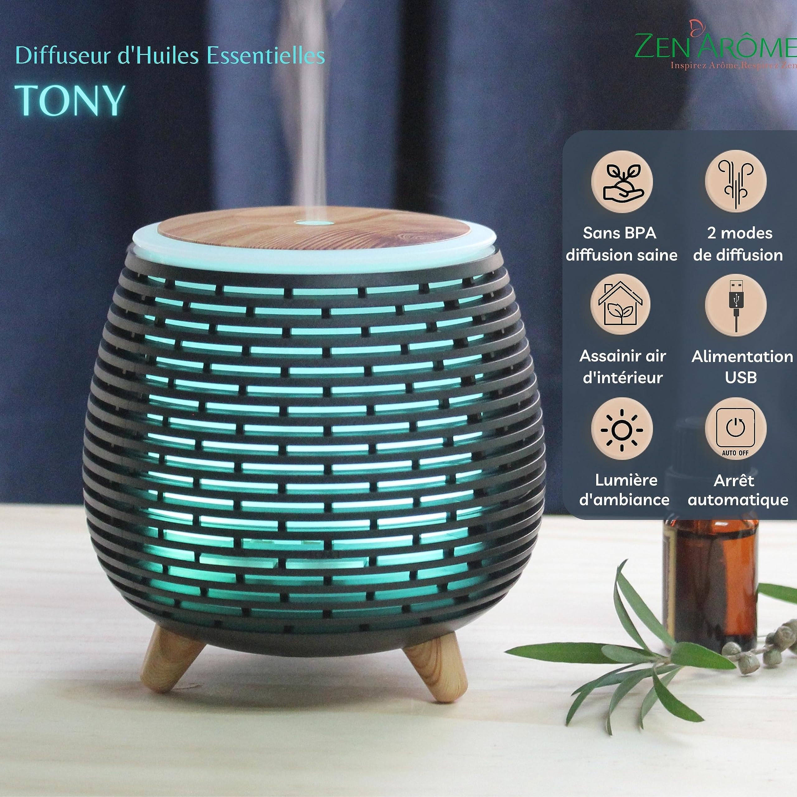 Zen'Aroma Diffusore Olio Essenziale Tony, Diffusore Ultrasonico Aromaterapia a Freddo, Diffusore Profumo Elettrico USB, 2 Modalità di Diffusione, Spegnimento Automatico, Illuminazione a Led,