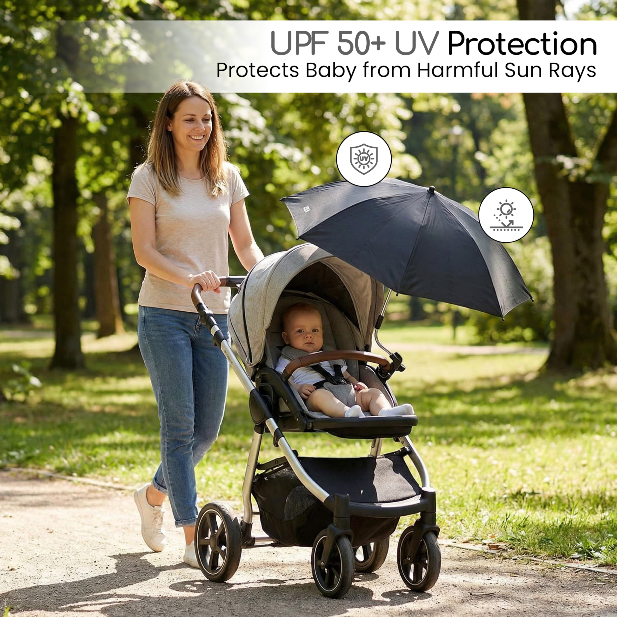 Cuddles Collection Baby Parasol Pram Umbrella UV Protection SPF 50+ Pram Parasol Universal Baby Sun Umbrella for Pram, Pushchair Parasol, Stroller & Buggy with Adjustable Clamp (Black) — view 2