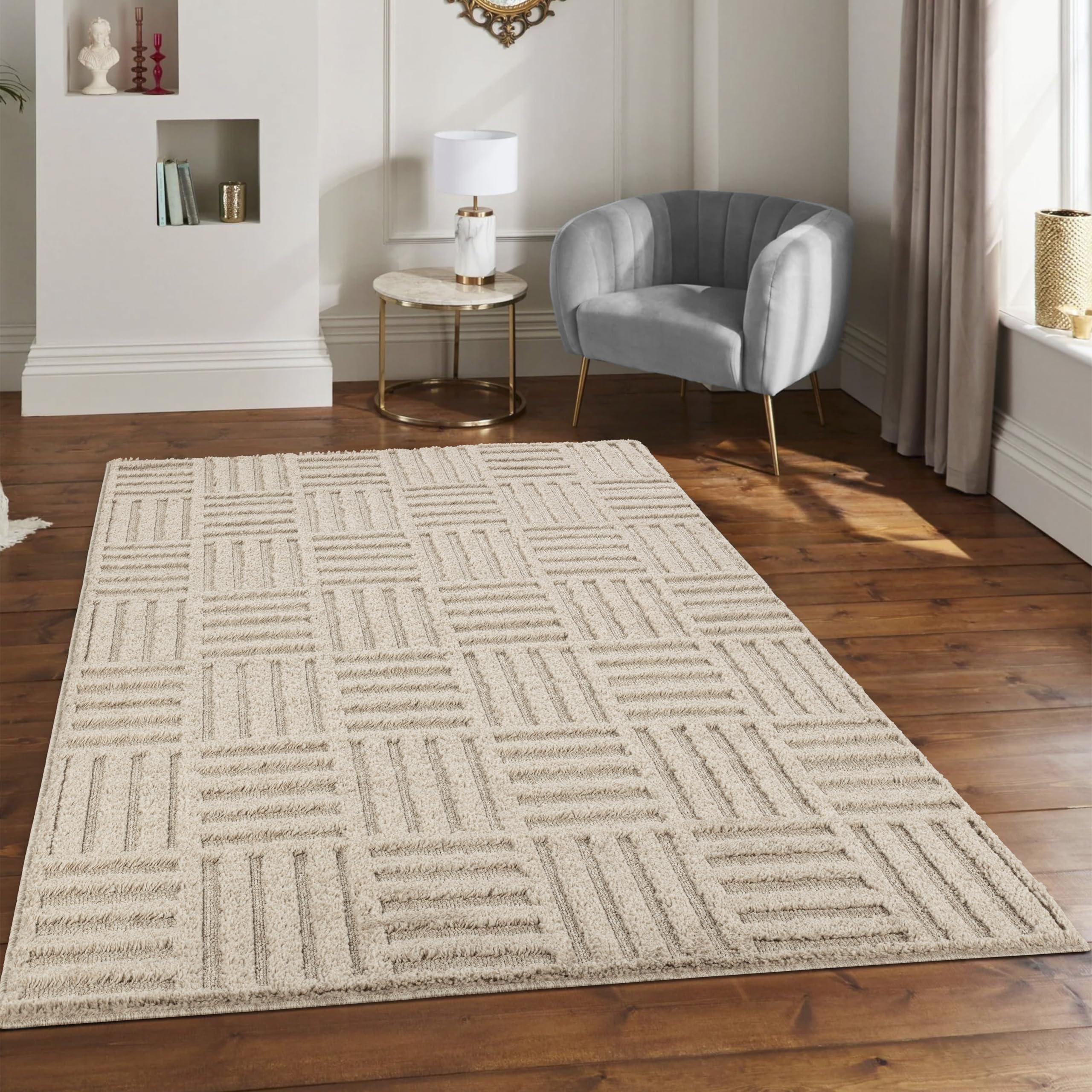 STL Washable Area Rug, 80 x 80 cm Non-Slip Carpet For Living Room, Bedroom, Lounge, Dining or Kitchen, Soft, Durable & Non-Shedding Area Rug, Indoor Floor Carpet - Beige