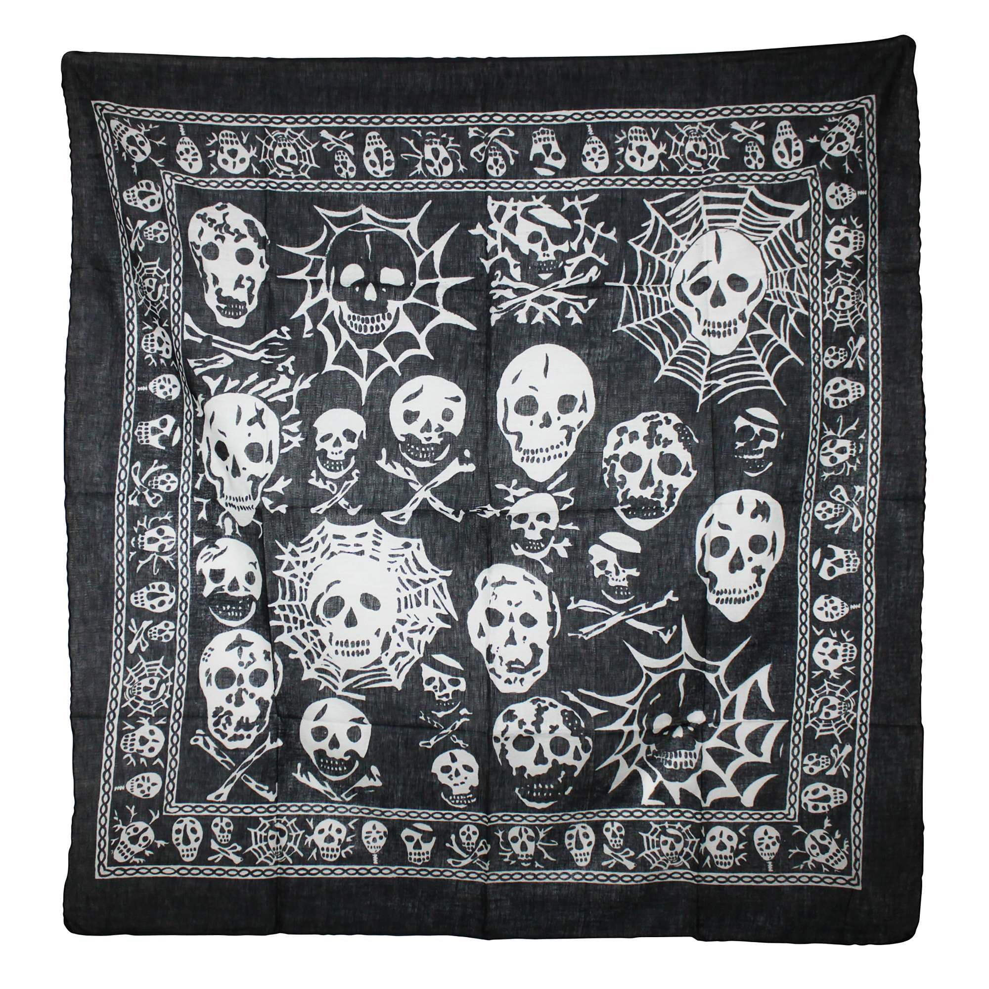 Freak Scene White Cotton Scarf - Skulls With Spider's Web 02 Black - Squared Kerchief